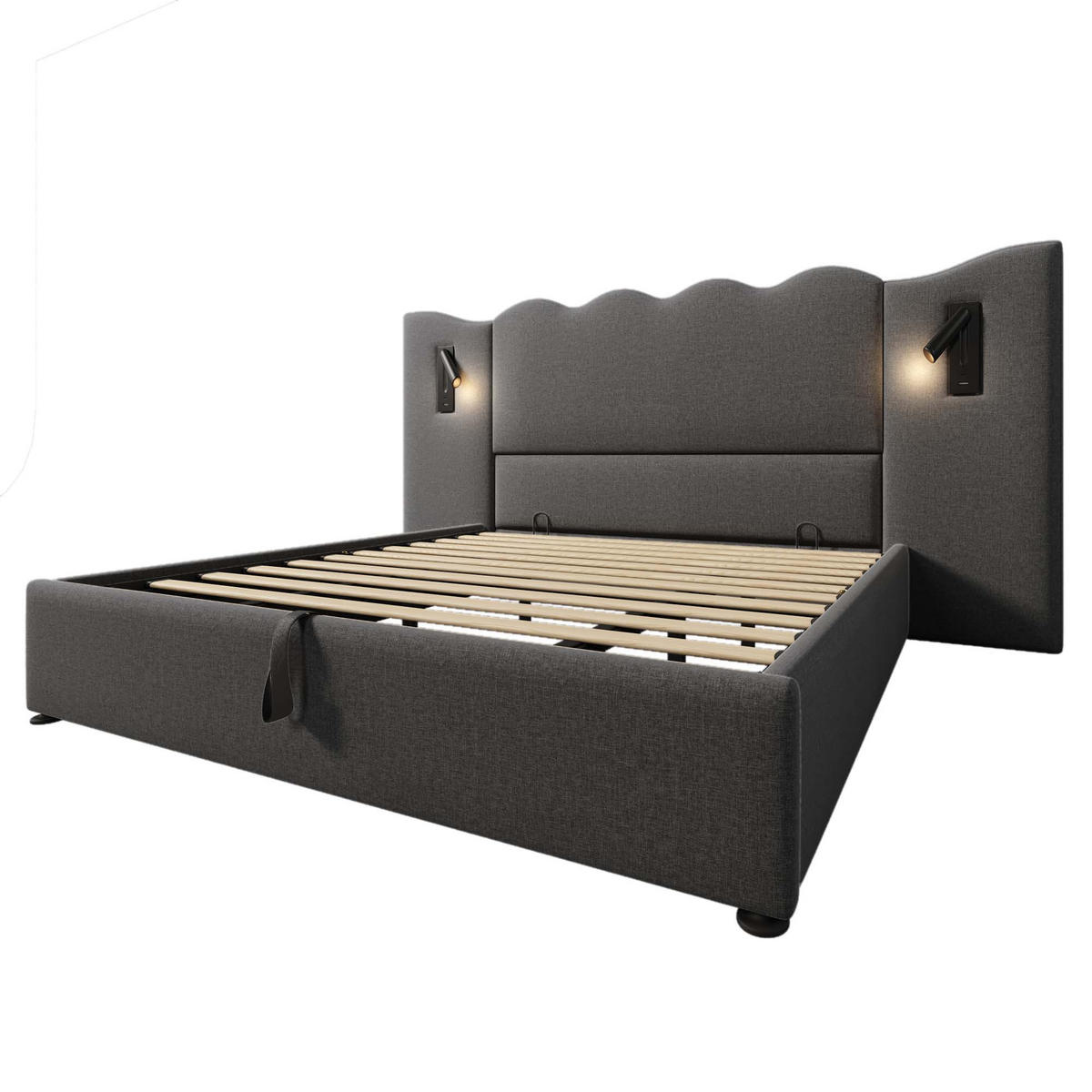 POLSTERBETT 180/200 cm Grau mit Leselampe und USB Type-C Anschlüssen - Grau, Textil (180/200cm) - OKWISH