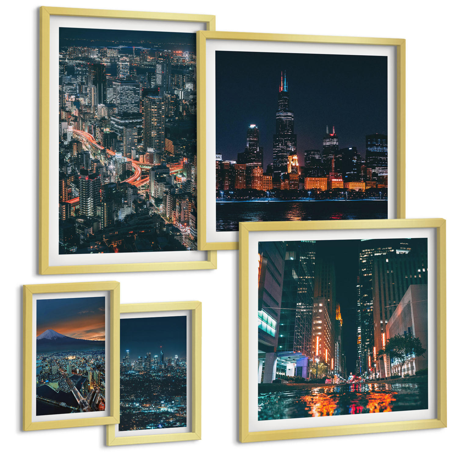 BILDER SET 5er Set - 50x50 cm & 20x30 cm & 40x60 cm Goldrahmen - Bergpanorama der Stadt bei Nacht - Goldfarben, Kunststoff (40/60cm) - TULUP
