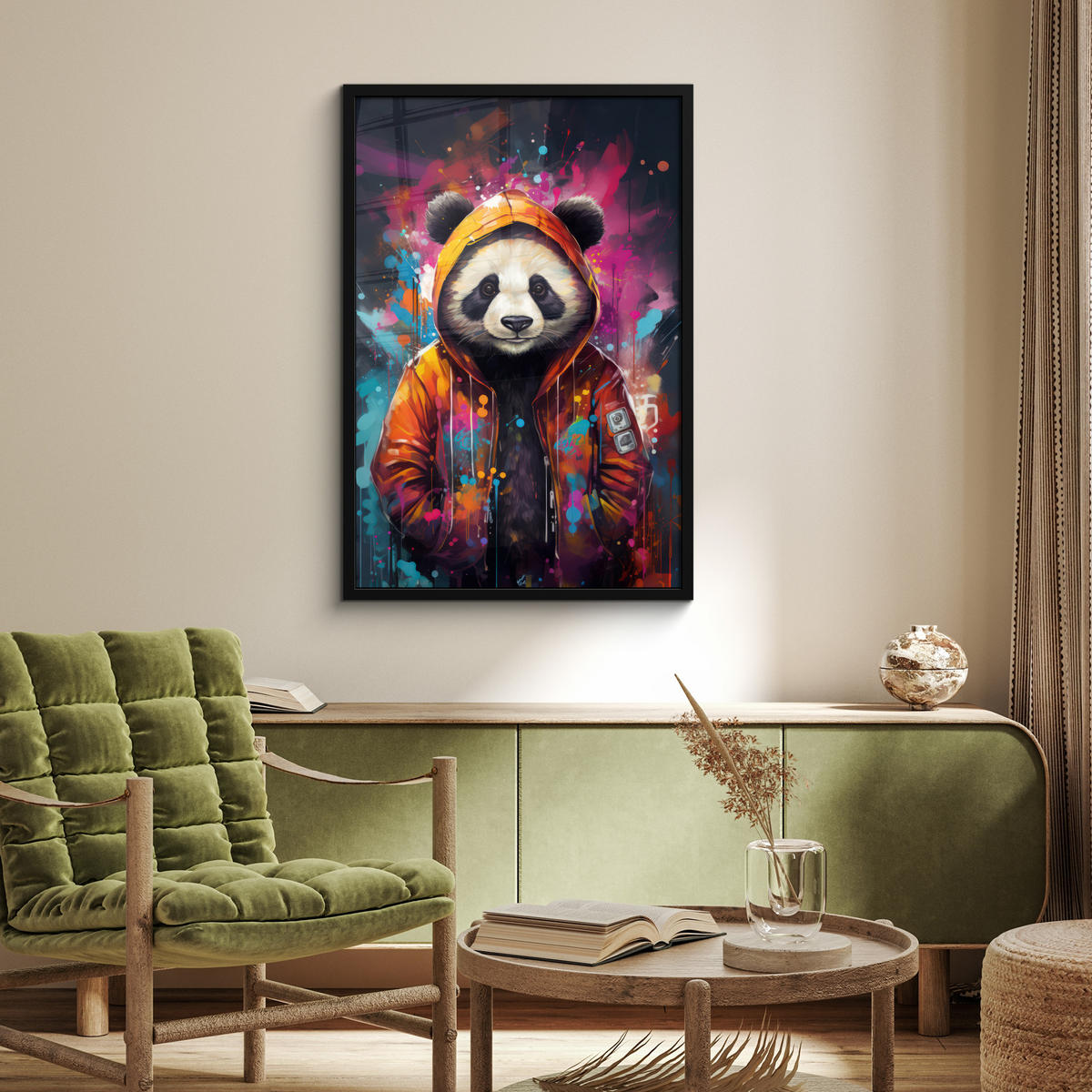 POSTER MIT RAHMENGERAHMTES BILD Panda - Jacke - Graffiti - Orange 60x90 cm - Orange, Papier (60/90cm) - MuchoWow