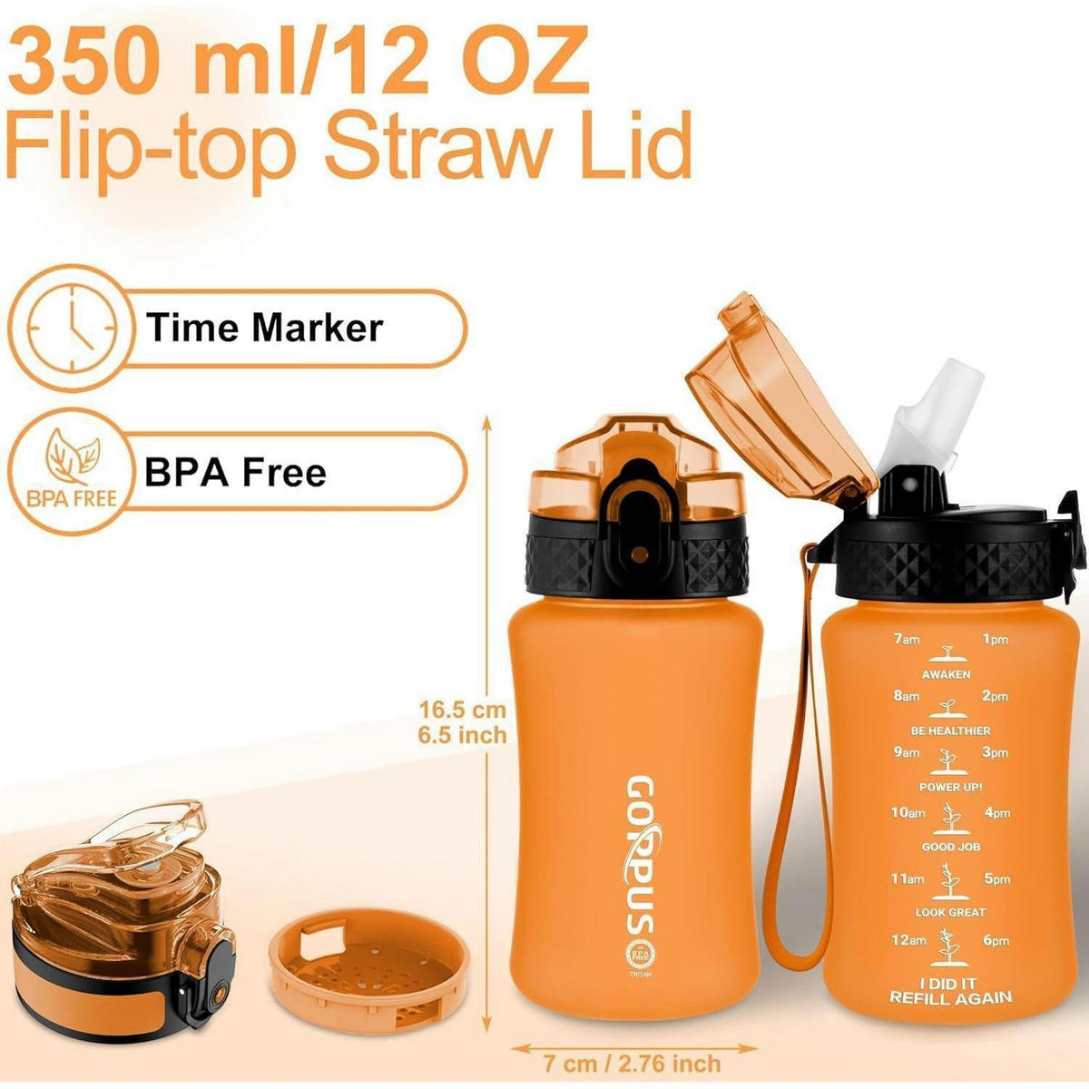 TRINKFLASCHE Kinder 350 ml mit Strohhalm und Zeitmarkierung Orange - Orange, Kunststoff (6.5/6.5cm)
