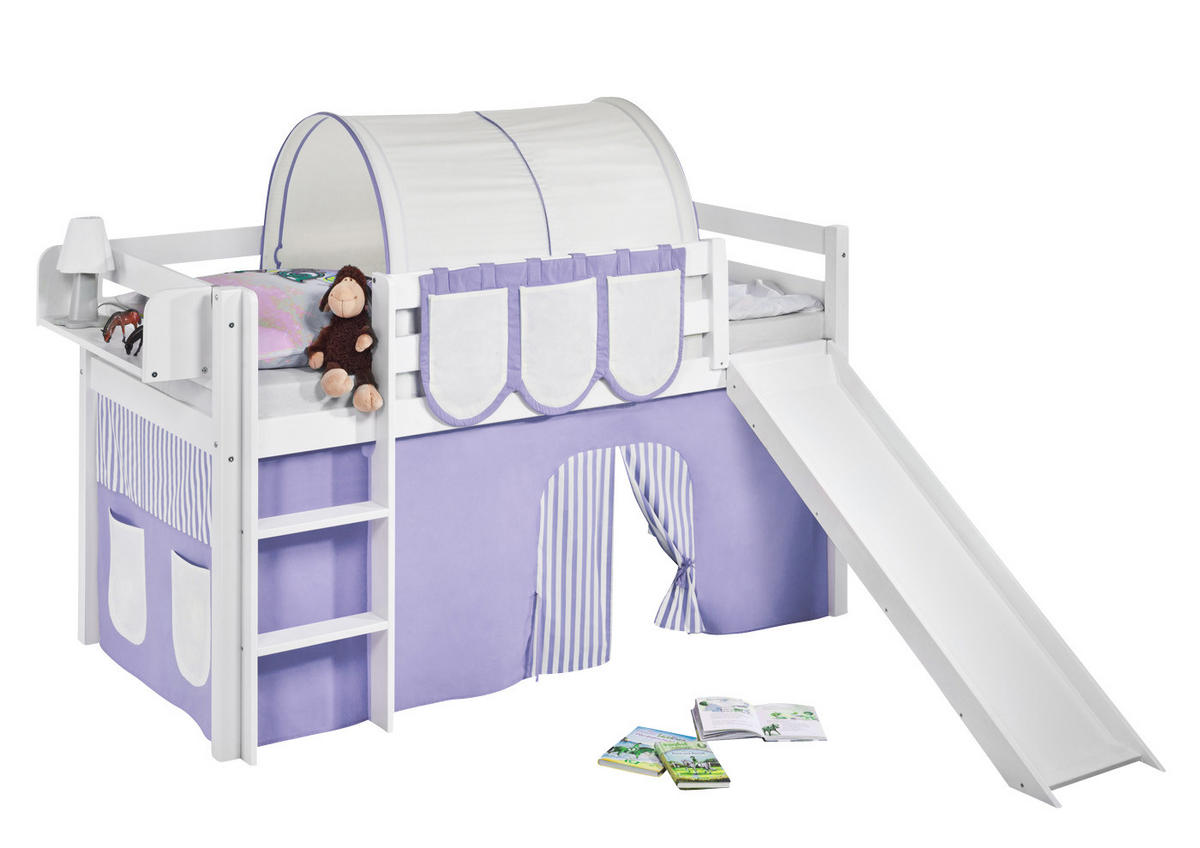 SPIELBETT JELLE Lila Beige - Hochbett - mit Rutsche und Vorhang - Weiß, Holz - Lilokids