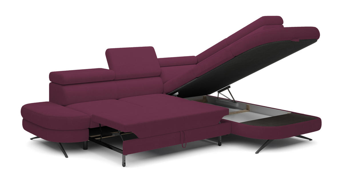 ECKSOFA OTIS L-förm, Schlaffunktion, verstellbare Kopfstützen, in AURORA-Stoff, lose Rückenkissen, freistehend, RECHTS 276x218x97 cm Purple - Lila, Holz/Textil (276/218cm) - DomoHome