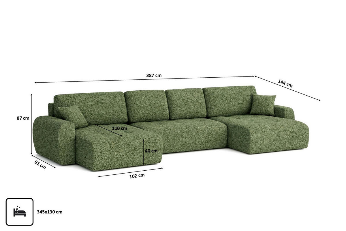 ECKSOFA Mit Schlaffunktion Und Bettkasten U-Form Ivo U XL, Chenillestoff Artico, Moss - Grün, Holz (387/144cm) - Kaiser Möbel