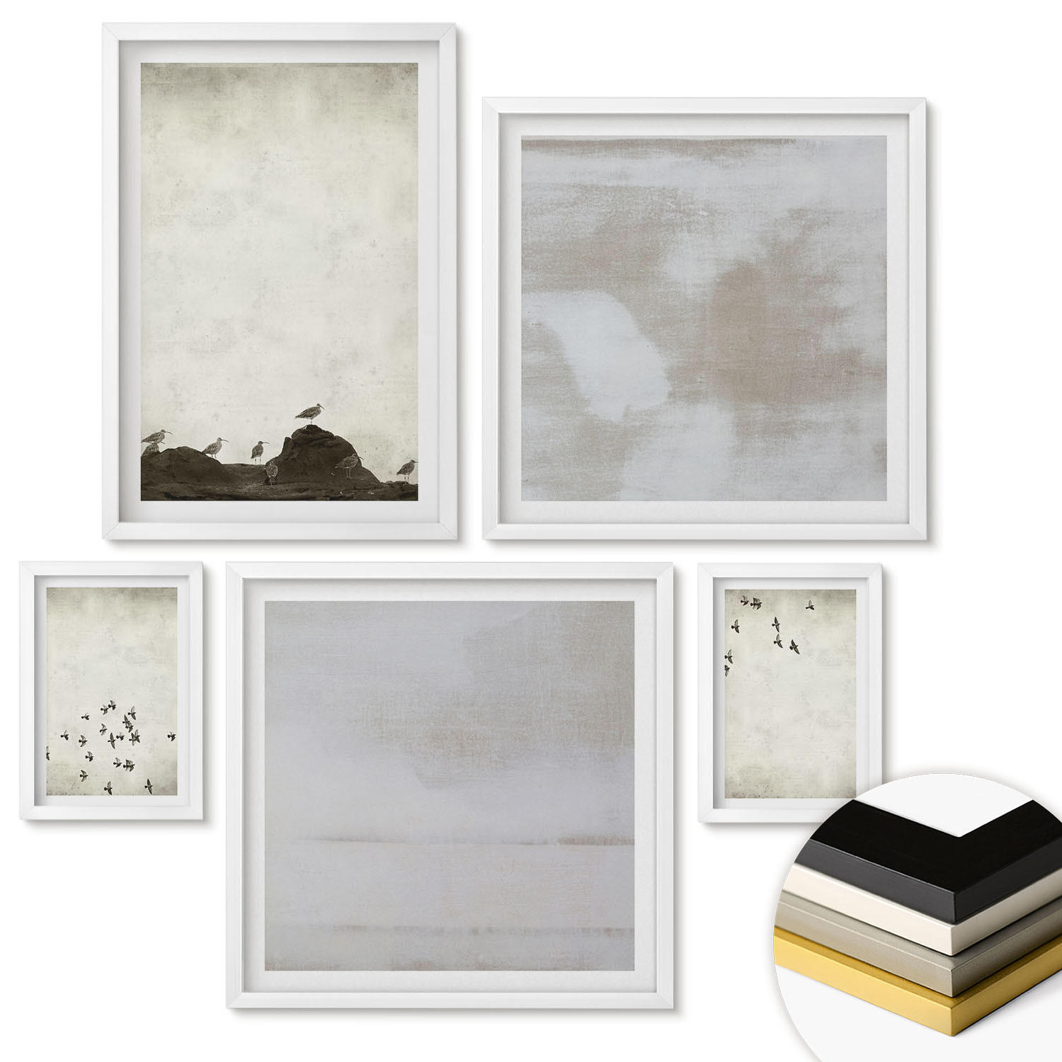 WANDBILDER 5er-Set - 50x50 cm & 20x30 cm & 40x60 cm Weißer Rahmen - Minimalistische Vögel im Flug - Weiß, Kunststoff (40/60cm) - ArtPrintCave