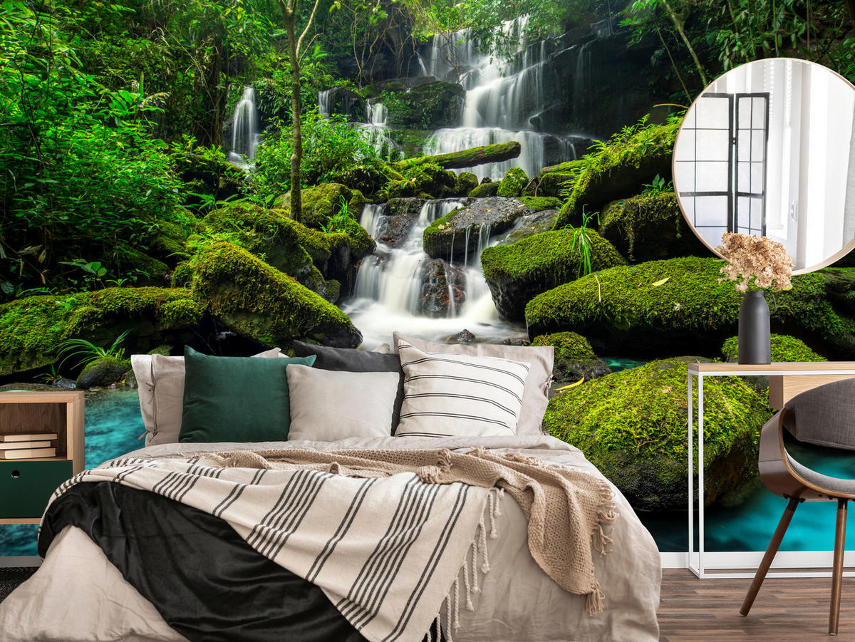 FOTOTAPETA Pre Kuchyňu Vodopád Džungľa Stromy Kamene Tropická 500 x 350 cm - modrá/sivá, papier (500/350cm) - Muralo