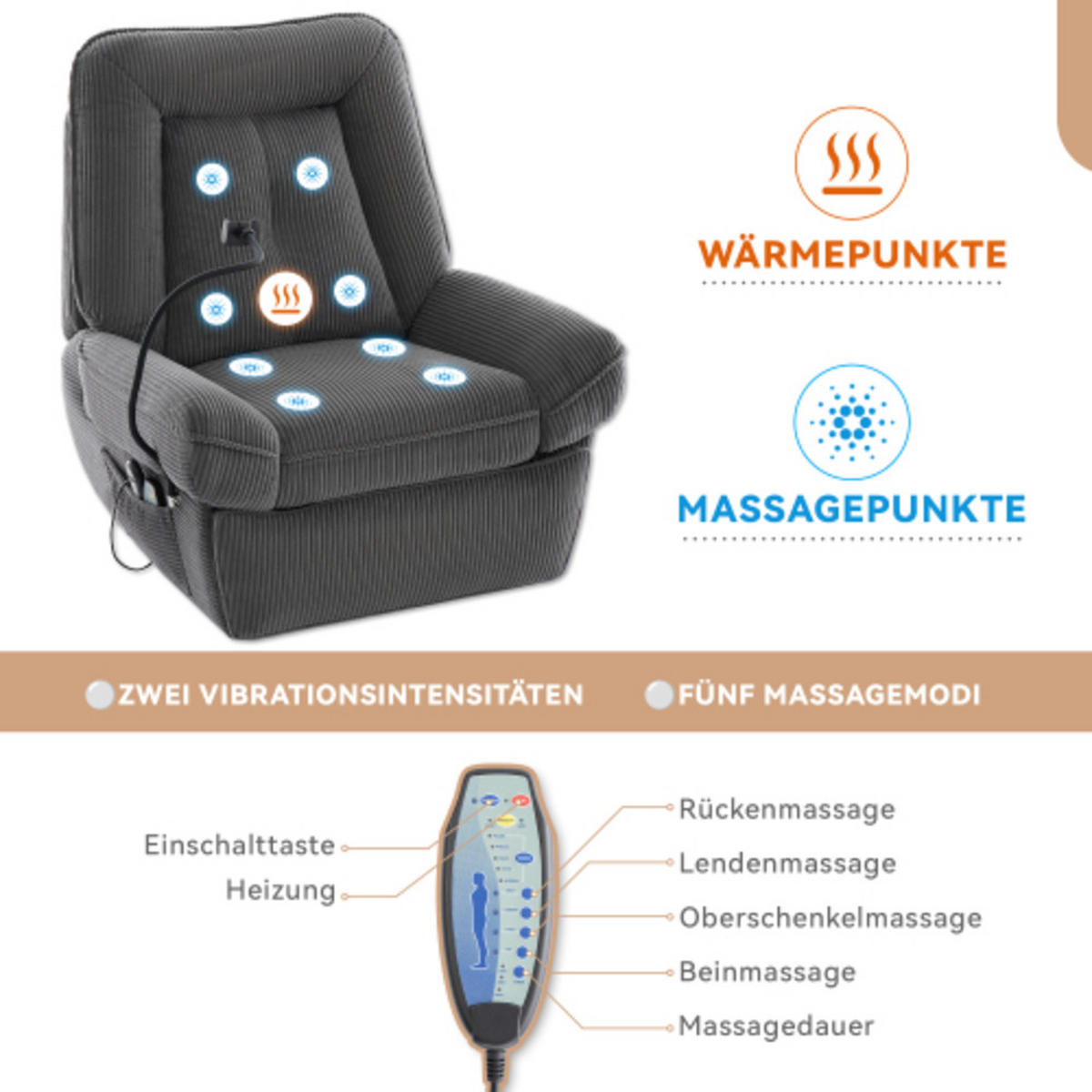 MASSAGESESSEL Relaxsessel 92x91x104 mit Dreh- und Schaukelfunktion und Heizvibration, USB Anschluss, grau - Grau, Textil (91/104/92cm) - Luhomfu