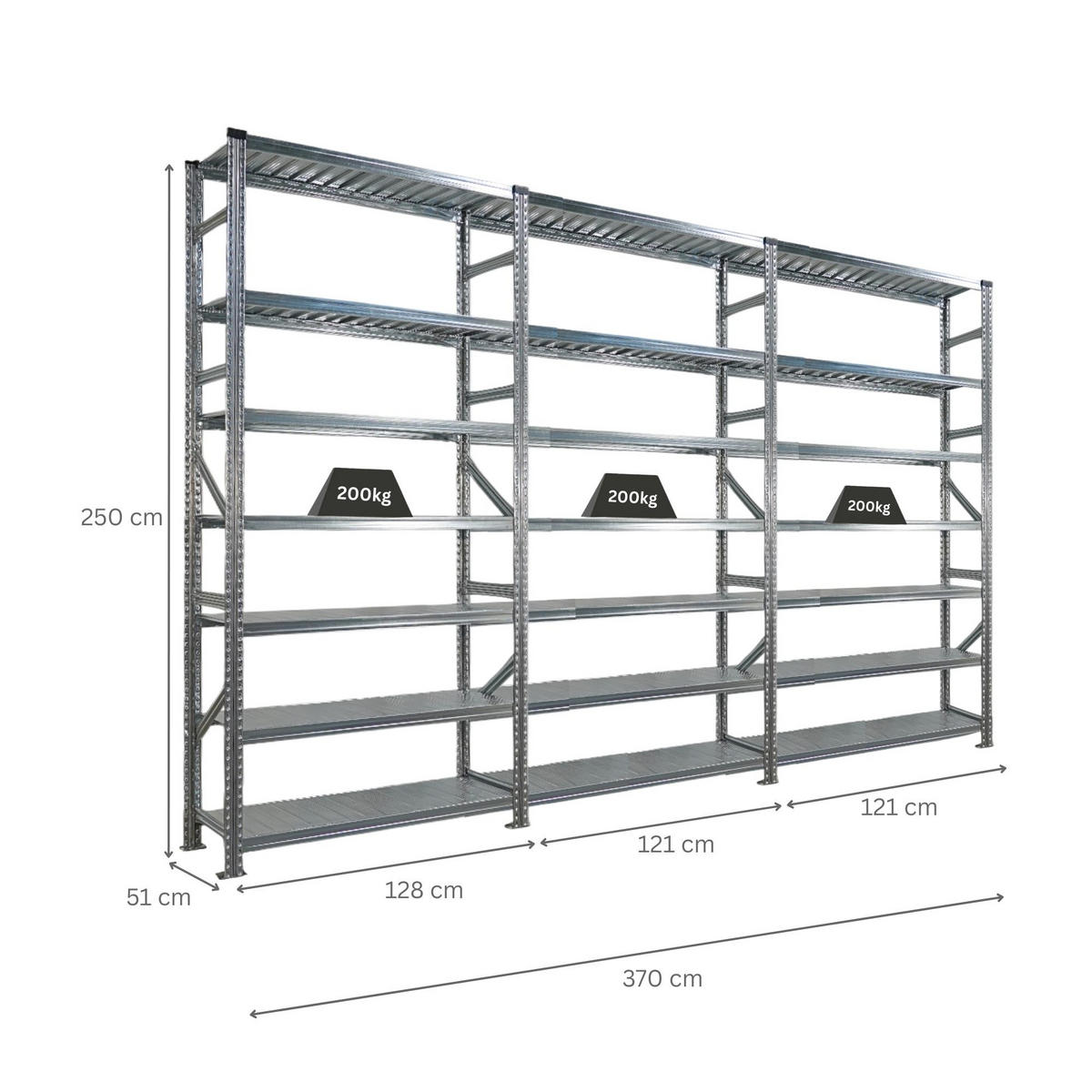 FACHBODENREGAL Proximo Stecksystem 250x360x50cm 7 Ebenen Beidseitig nutzbar Verzinkt - Silberfarben, Metall (360/250/50cm) - PROREGAL