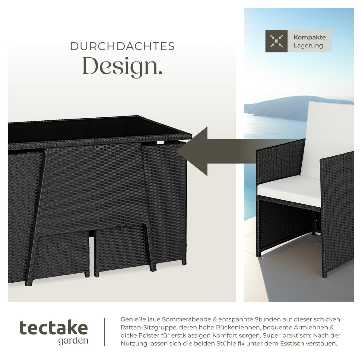 RATTAN SITZGRUPPE Lausanne,zusammenschiebbar,schwarz - Schwarz, Kunststoff - tectake