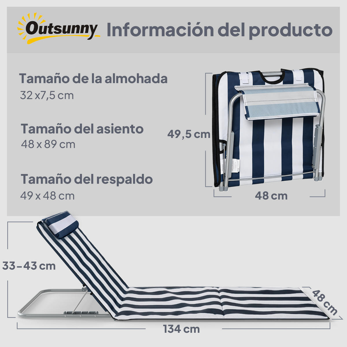 SONNENLIEGE 2er-Set Isomatten，Weiß und Blau 134 x 48 x 33–43 cm - Weiß, Metall (48/43/134cm) - Vallsero