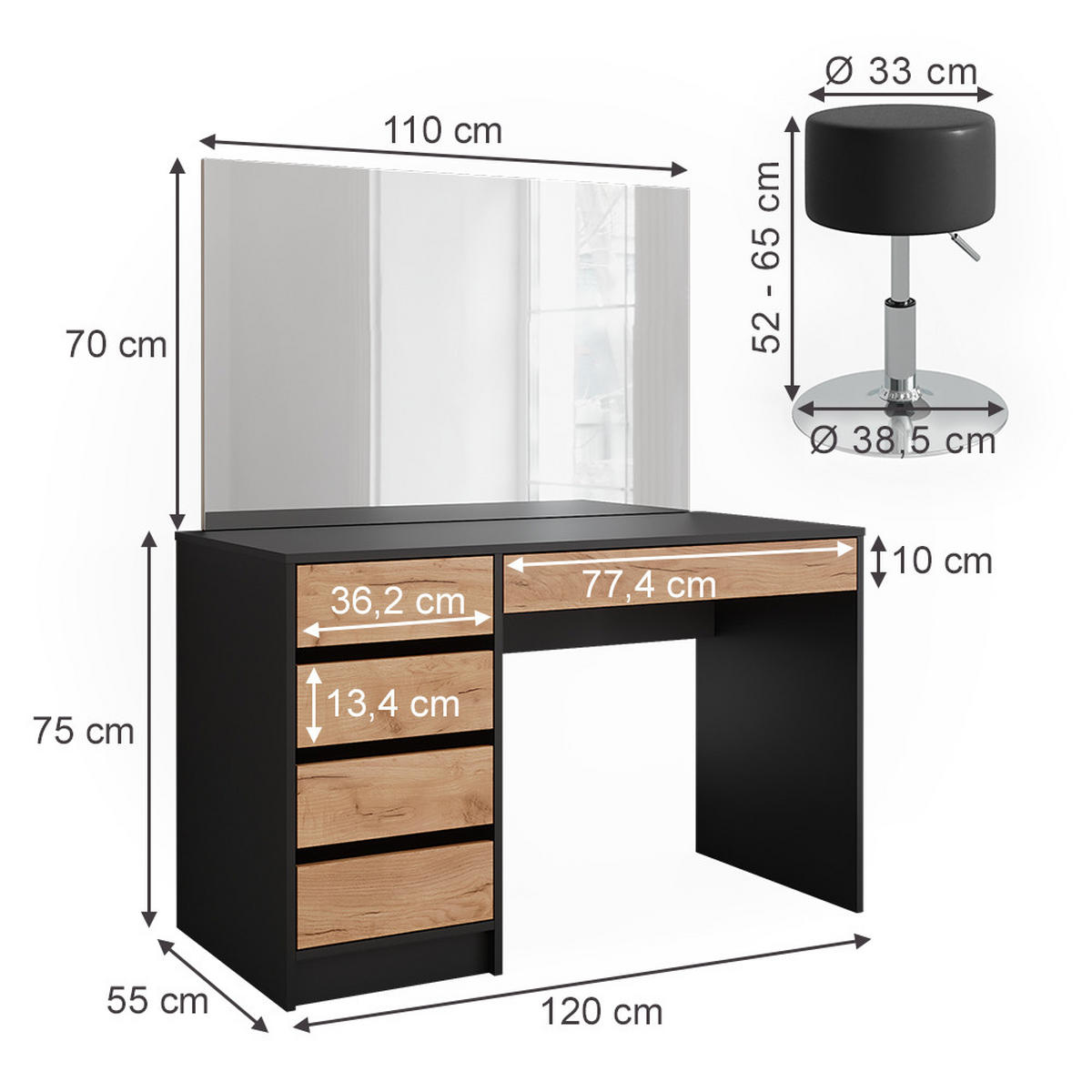 SCHMINKTISCH Sherry Anthrazit 120 x 75 cm mit Spiegel und Hocker - Honigeiche/Anthrazit, Holzwerkstoff (120/75/55cm) - Vicco