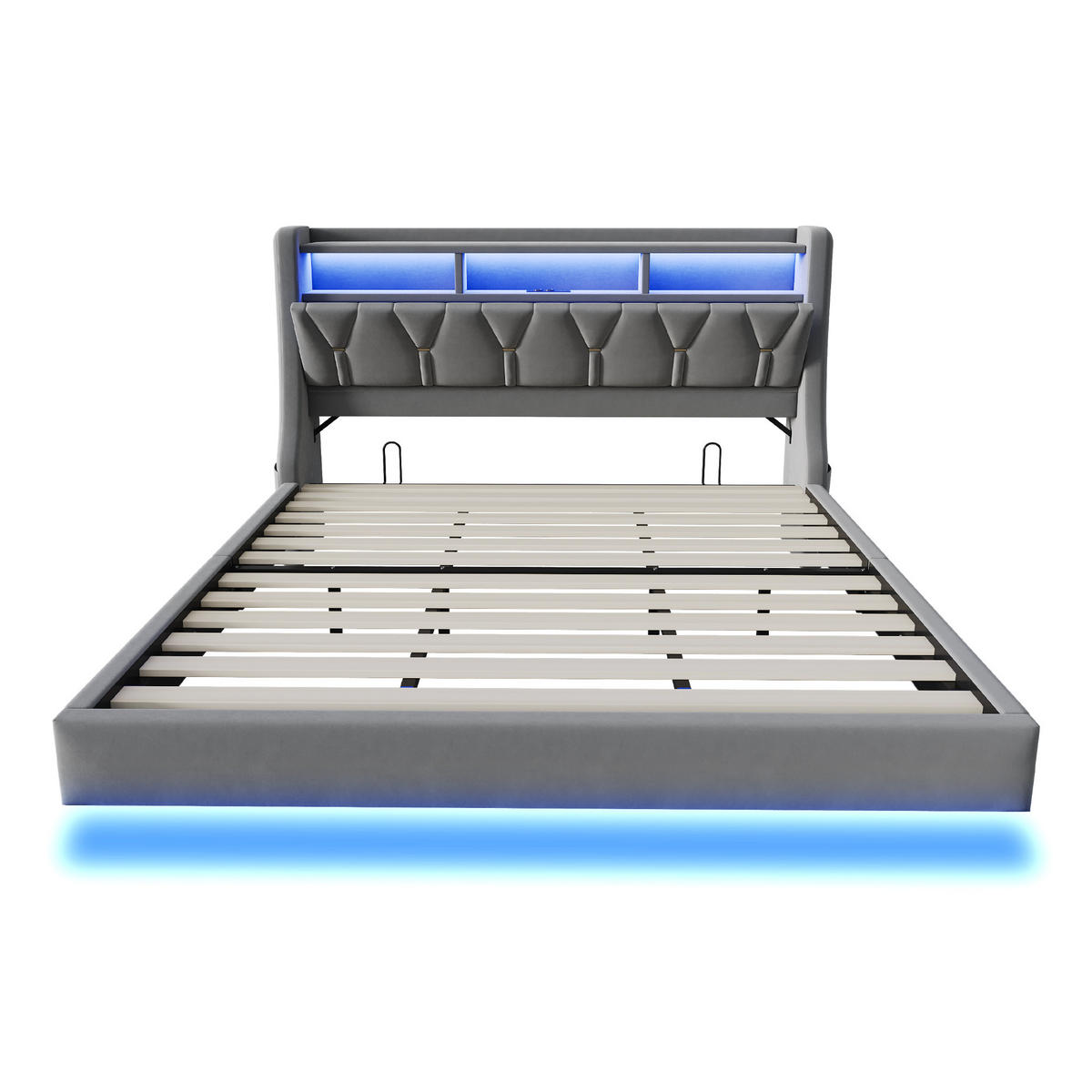 POLSTERBETT 180/200 cm DE-01666, in Grau, mit Klappkopfteil, Steckdose und LED-Beleuchtung - Grau, Holzwerkstoff (180/200cm) - ComfortXL