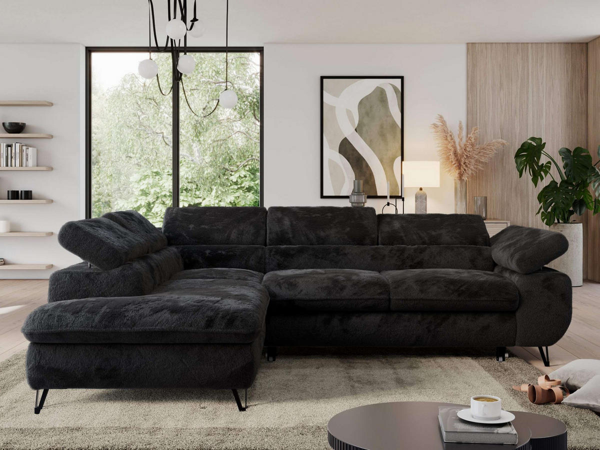 ECKSOFA PEDRO L Schwarz Plüsch - Links Seite - Schwarz, Textil/Metall (208/273cm) - MKS