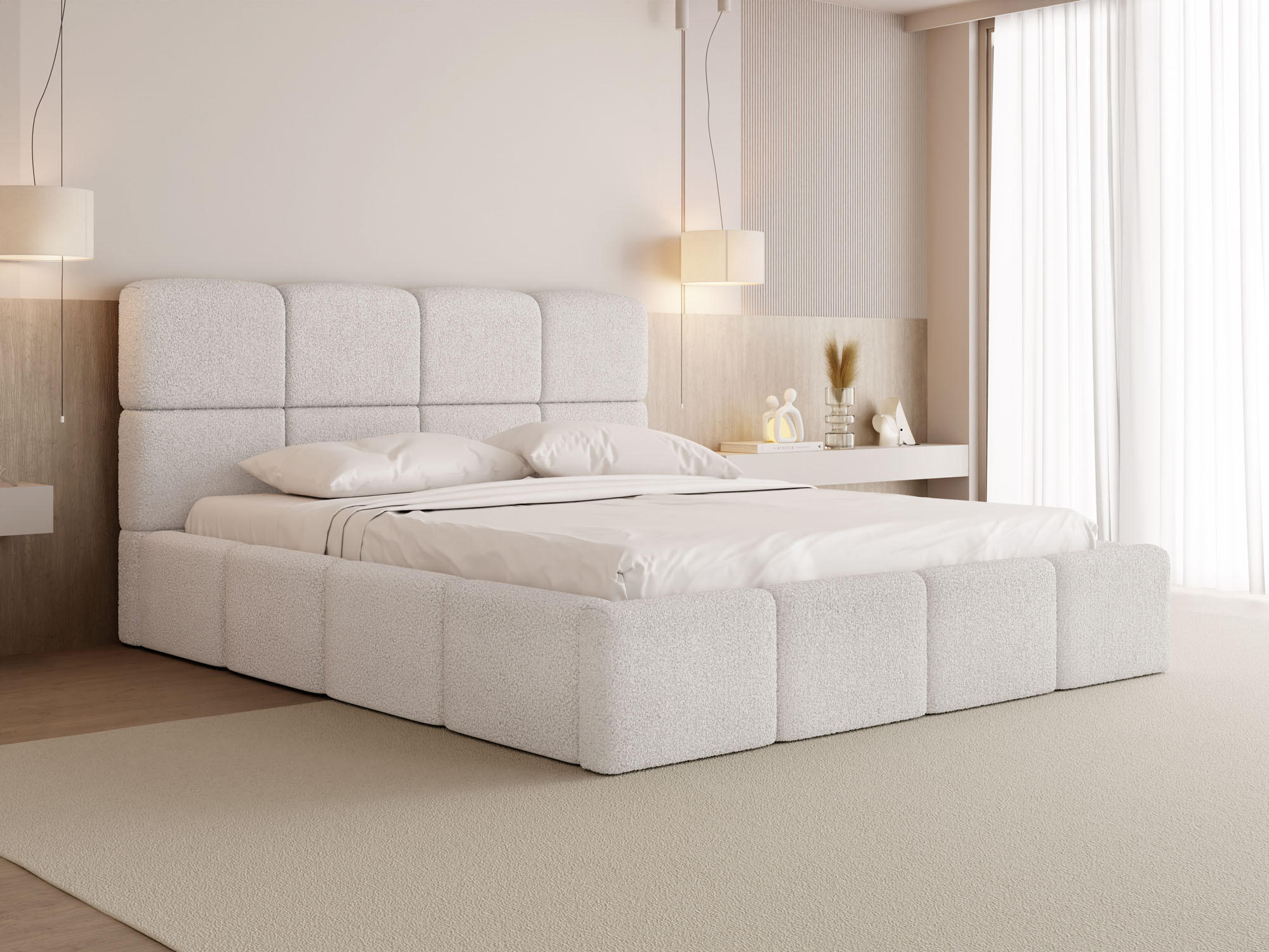 POLSTERBETT Tivio mit Bettkasten, Creme Boucle 200x200 cm - Birkefarben/Schwarz, Holz/Holzwerkstoff (200/200cm) - WFL GROUP