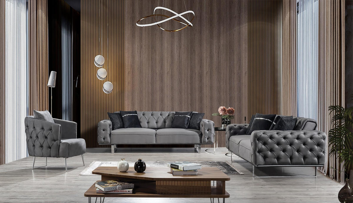 SITZGARNITUR Roma Grau Stellvariante:3+3+1 - Grau, Holz (240/81/103cm) - Villa Möbel