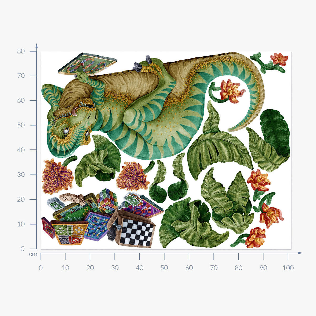 WANDAUFKLEBER 80x102cm - Dino mit einem Brettspiel - Multicolor, Kunststoff (80/102/0.1cm) - Wallfluent