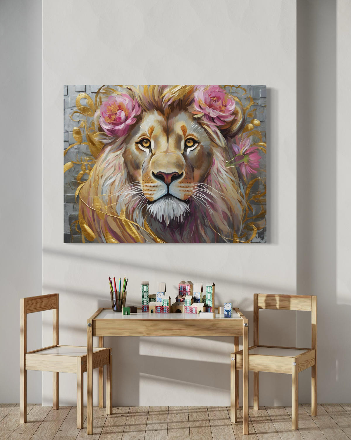 WANDBILD löwe blumen tiere - Goldfarben, Textil (60/40cm) - Feeby