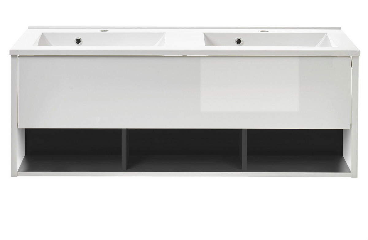 WASCHBECKENUNTERSCHRANK MIT Doppelwaschbecken in weiß Hochglanz und grau 120 cm Glide - Weiß Hochglanz/Grau, Holzwerkstoff/Metall (120/44/47cm) - Furn.Design