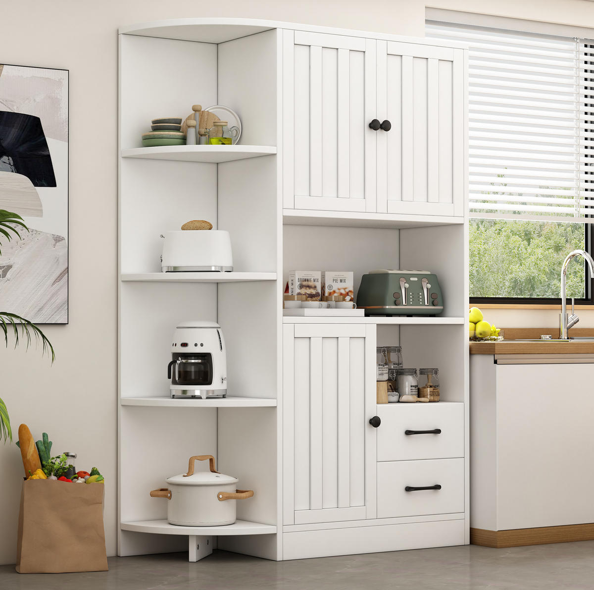 ECKSCHRANK mit 3 Türen und 2 Schubladen 104 x 35 x 155 cm Weiß - Weiß, Holzwerkstoff (35/155/104cm) - Beauniv