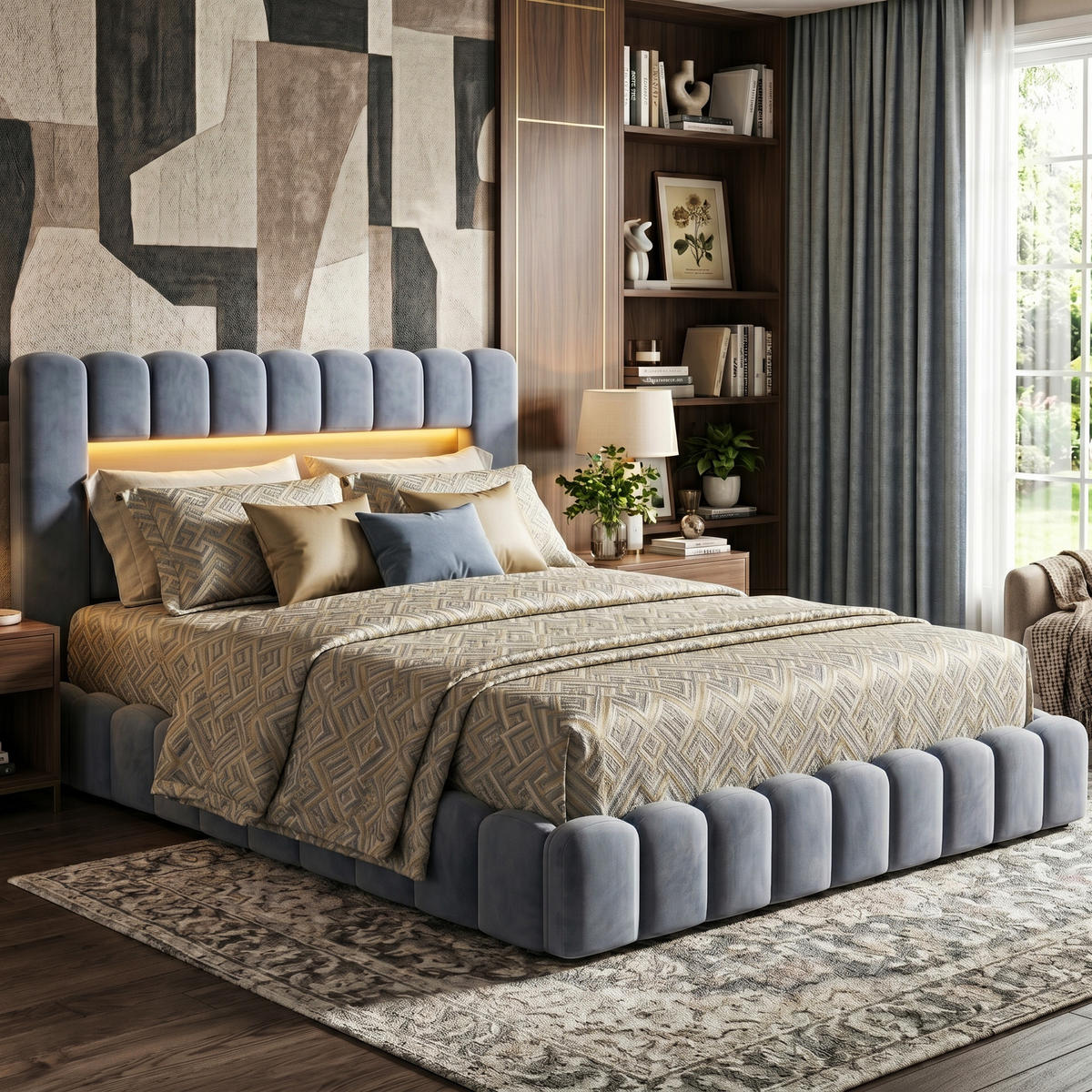 POLSTERBETT Bogen-Design 180/200 cm mit Gaslift-Bettkasten & USB Samtoptik Grau - Grau, Textil (180/200cm) - Creahappy