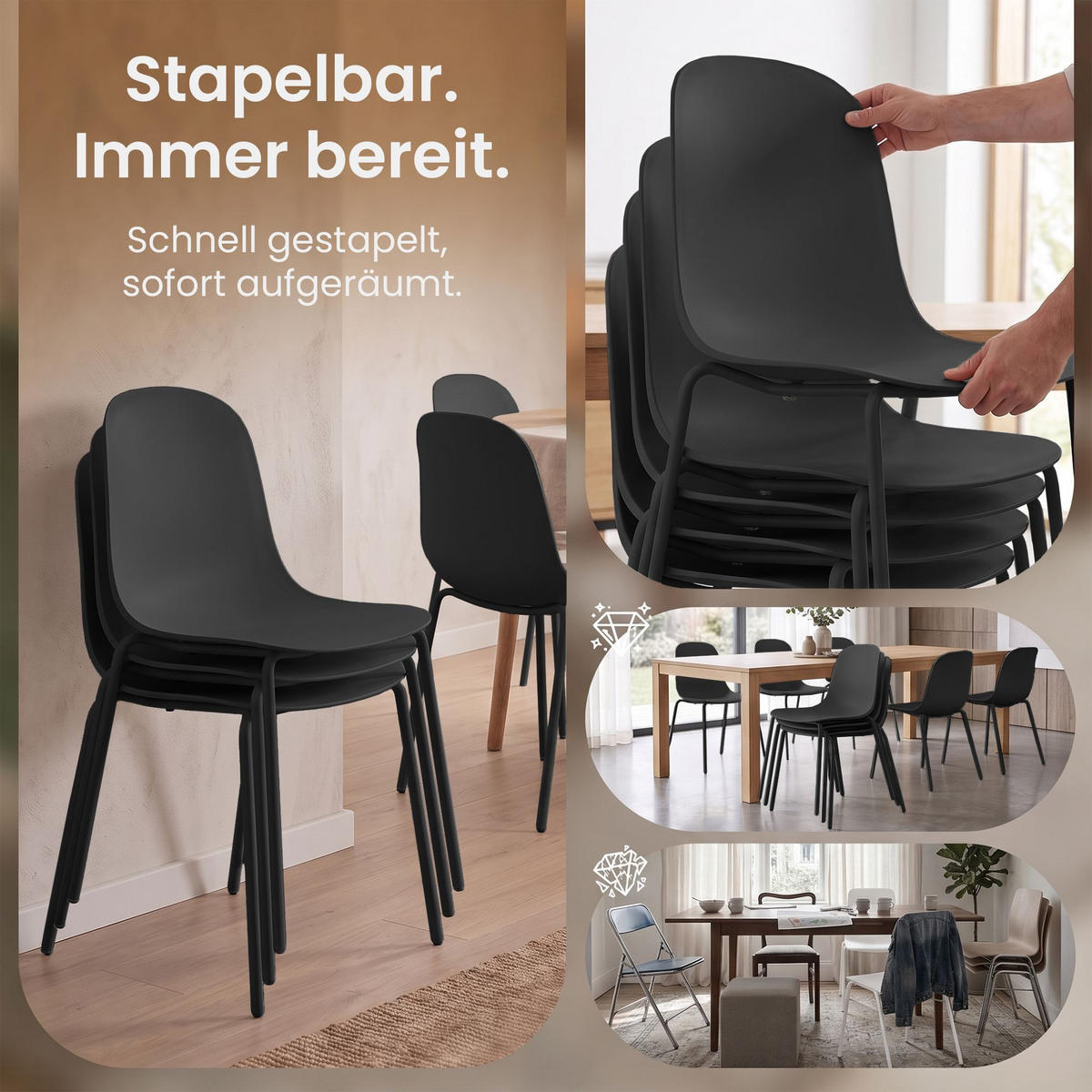 STAPELSTUHL 2 Kunststoff Schwarz - Schwarz, Kunststoff/Metall (51/85/55cm) - CLP