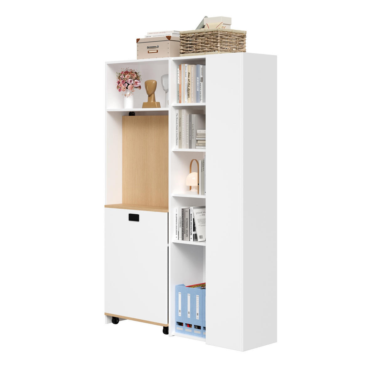 BÜROTISCH mit Regal und ausziehbarem Arbeitstisch – Weiß Holzoptik - Weiß, Holzwerkstoff/Metall (30.5/104.5/160cm) - Urban Meuble