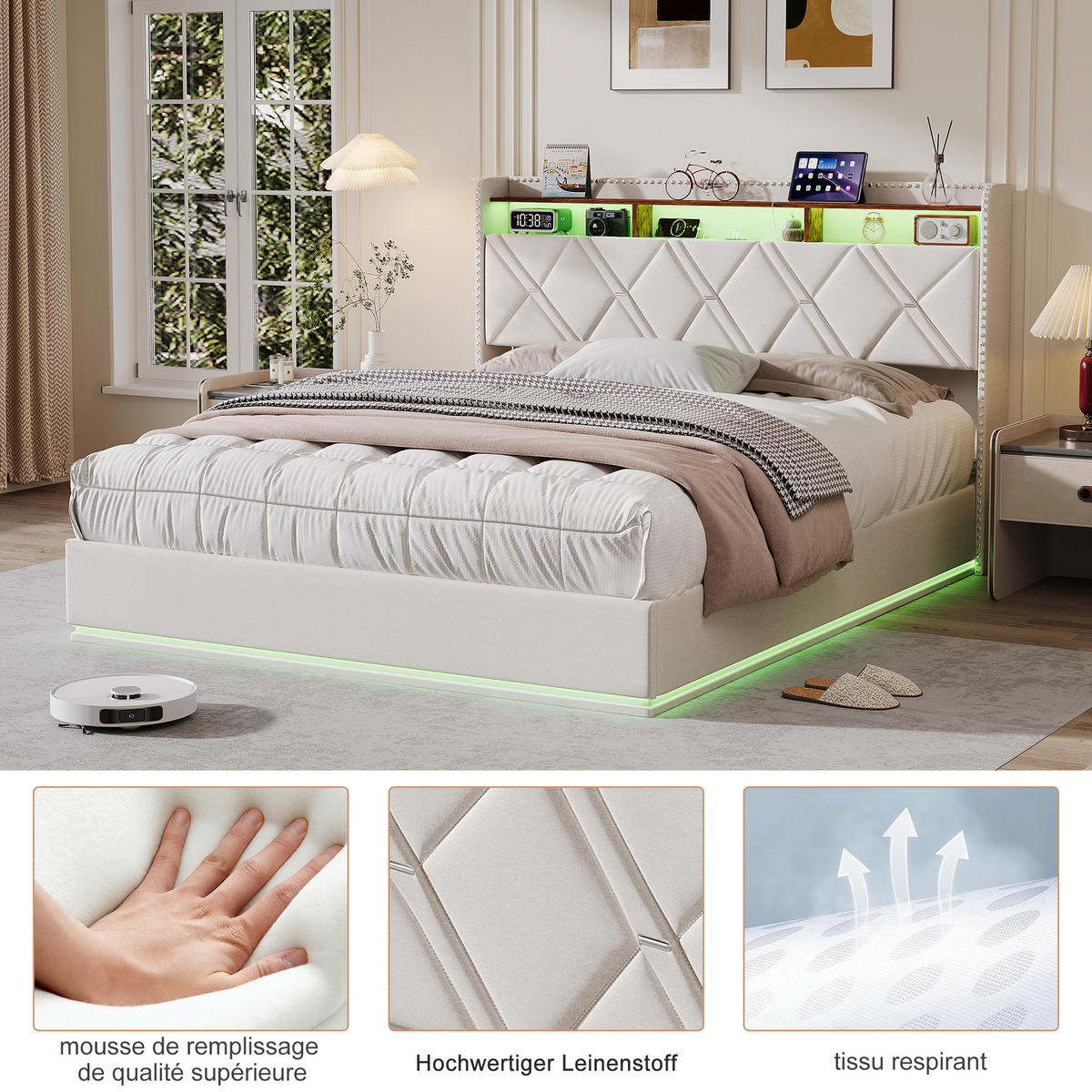 POLSTERBETT 160/200 cm Beige mit hydraulischem Stauraum, LED mit Ablage und USB - Beige, Metall (160/200cm) - EuroLiving