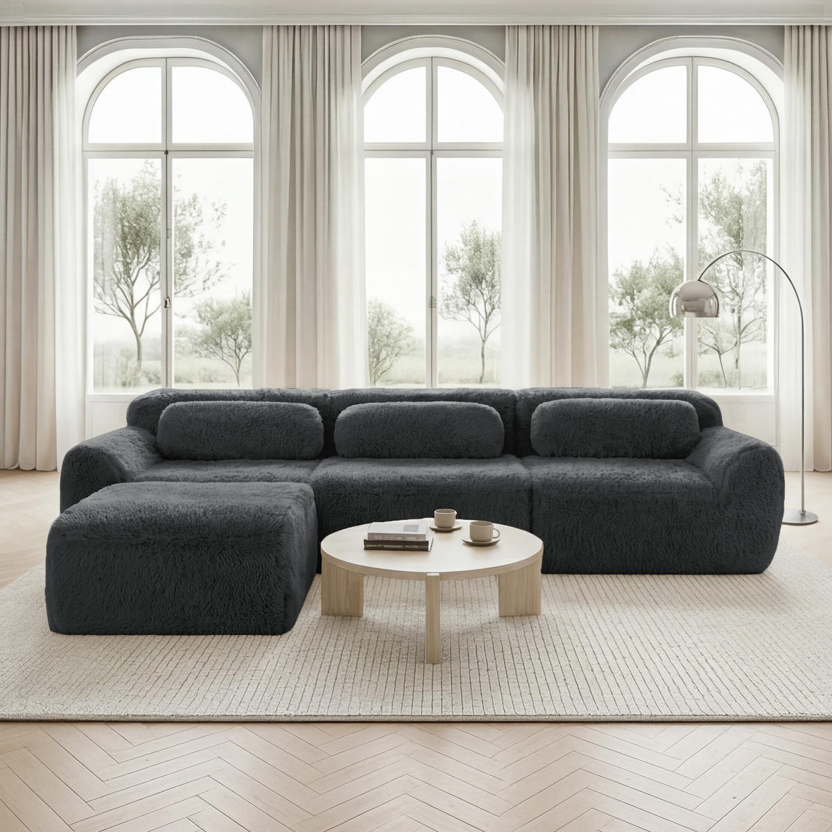 ECKSOFA Plüsch Grau mit Kissen - Grau, Textil (291/179cm) - WISHDOR