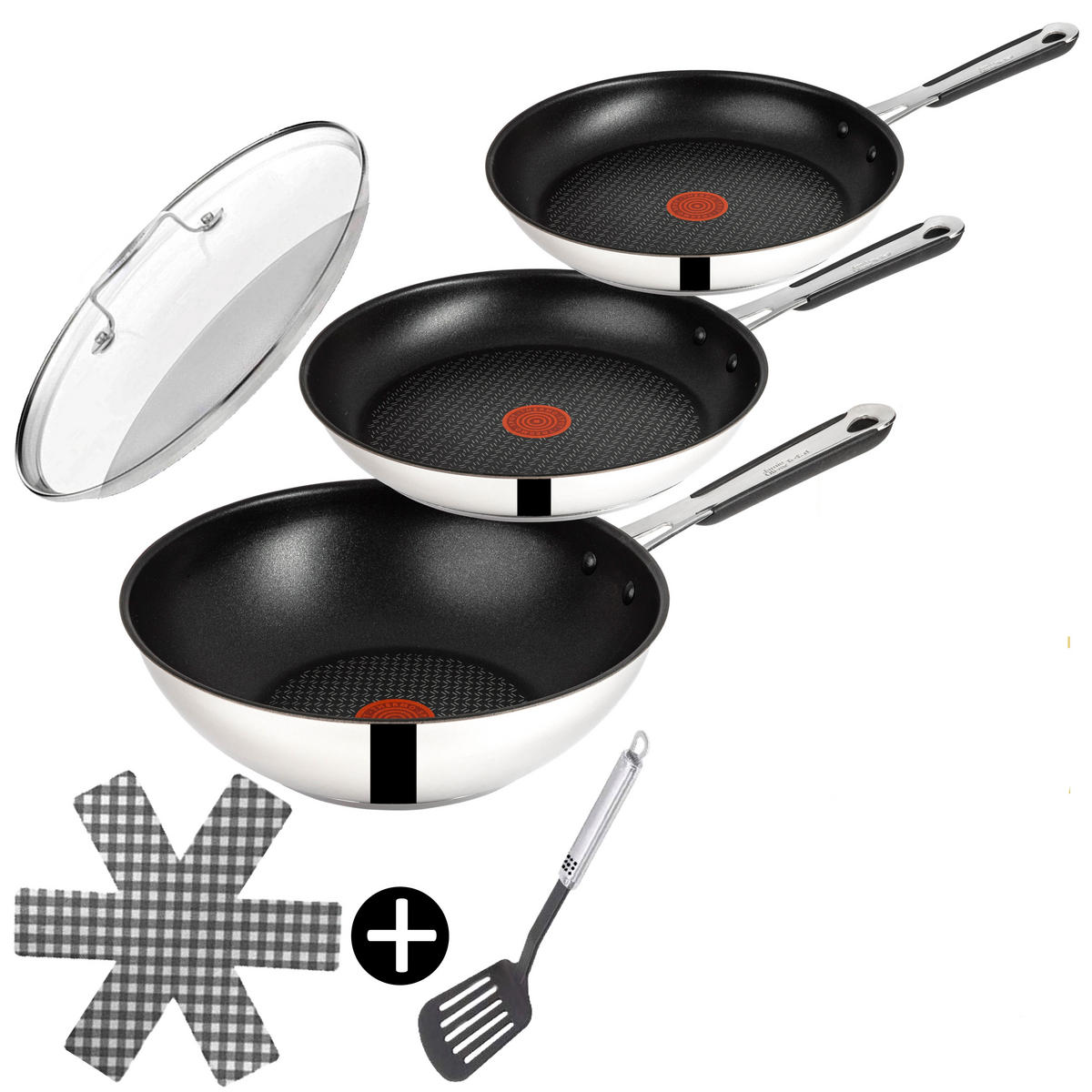 PFANNENSET Edelstahl E76 Jamie Oliver 6-Teilig – Bratpfanne 24/28 cm, Wok Ø28 cm, Glasdeckel, Pfannenwender & 3 Filzpfannenschoner, Induktion - Silberfarben/Schwarz, Keramik - Tefal
