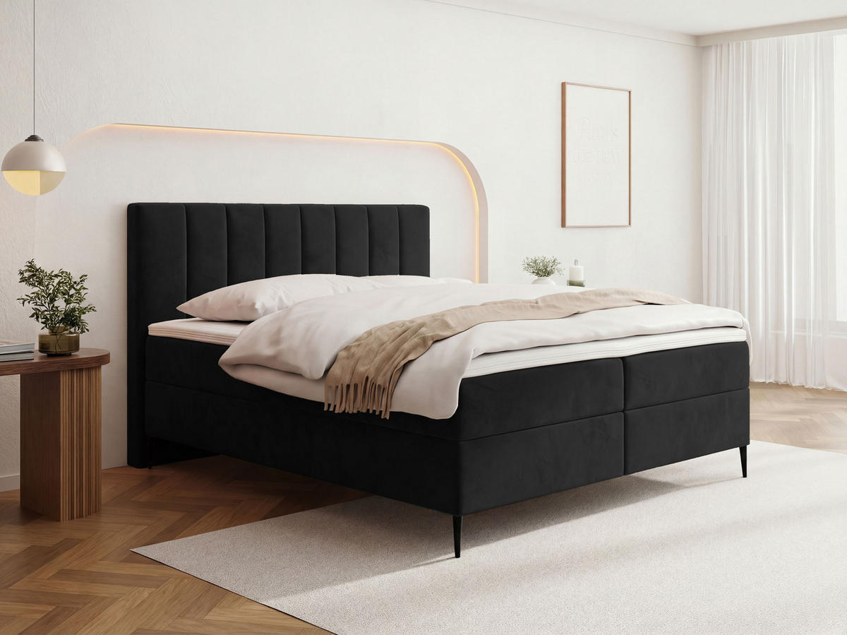 BOXBETT Allen mit Bettkasten, Samt Schwarz 200x200 cm – inkl. H4 Taschenfederkern Matratze & Foam Topper - Schwarz Hochglanz/Schwarz, Holzwerkstoff/Metall (200/200cm) - WFL GROUP