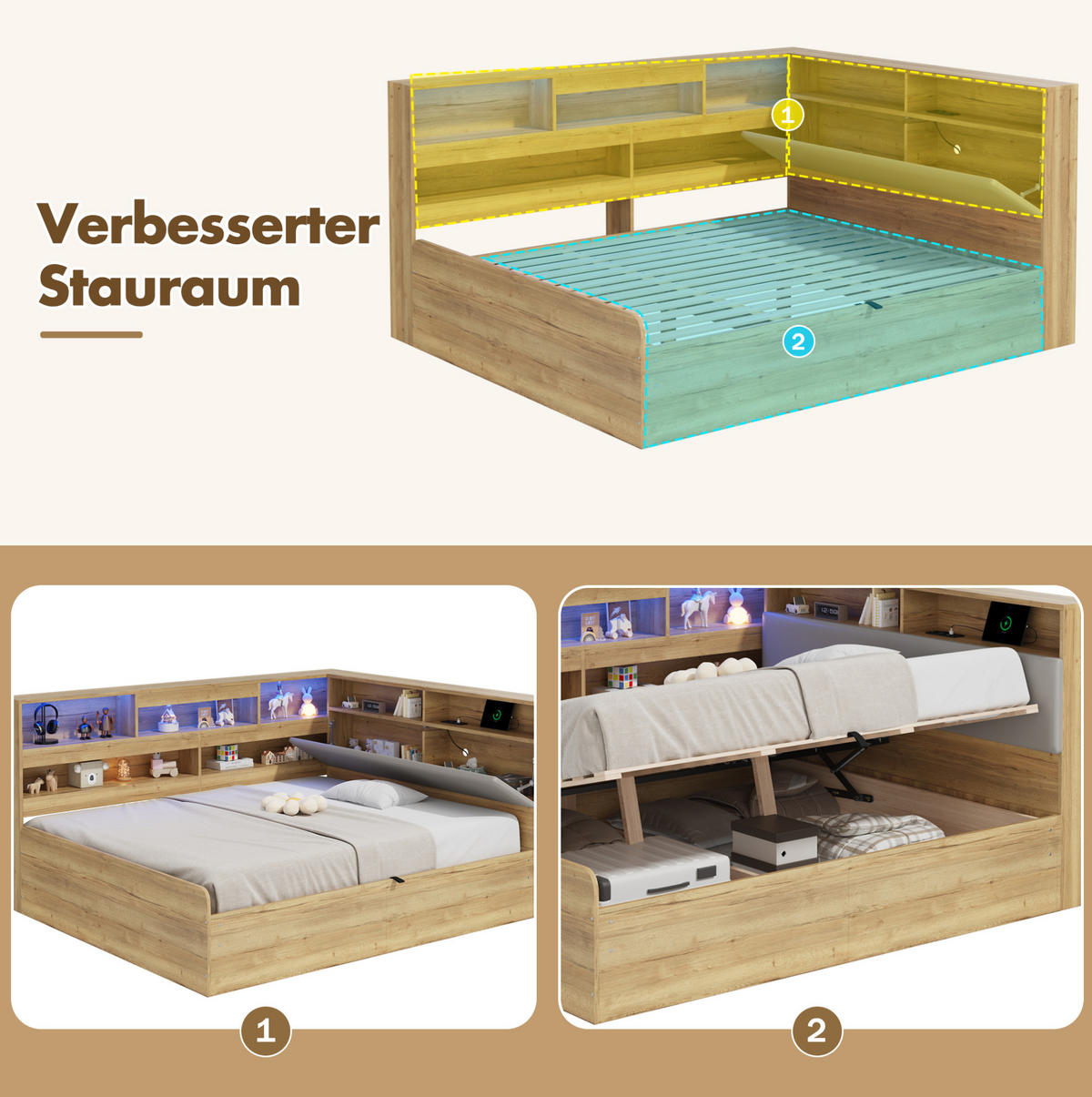 JUGENDBETT 140/200 cm natur aus MDF mit Stauraum und LED - Naturfarben, Holzwerkstoff (140/200cm) - OKWISH