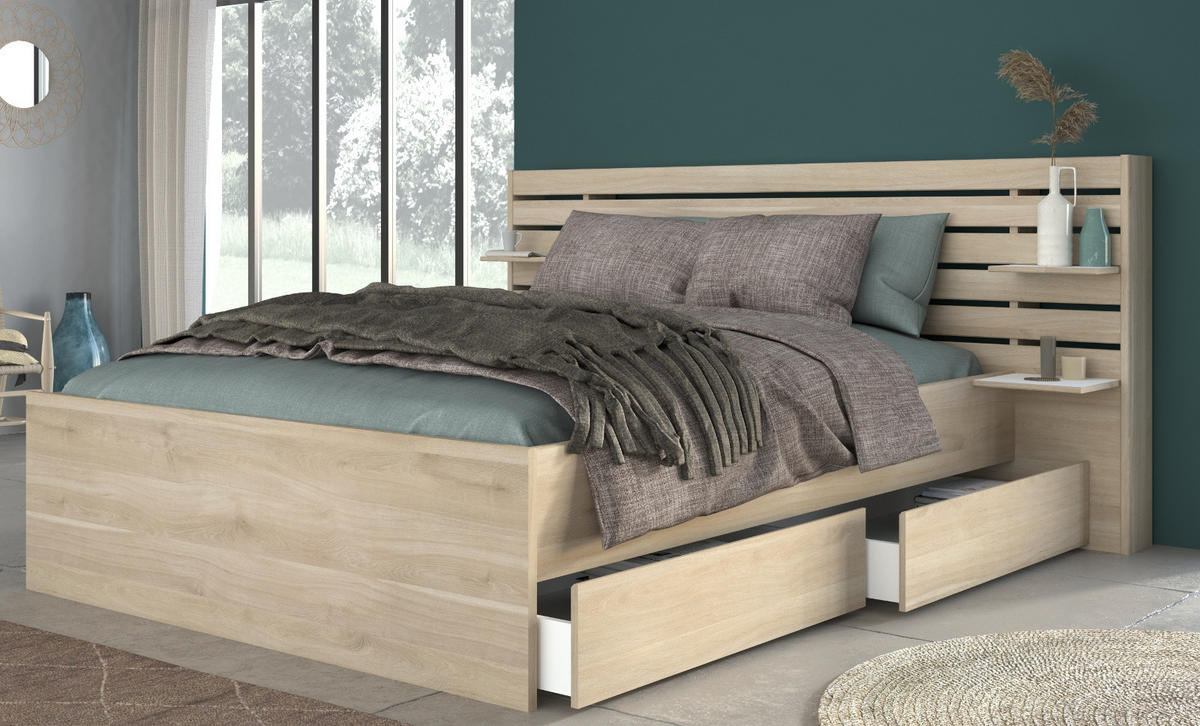 SCHLAFZIMMER-SET Eiche japanisch, Set 2-teilig mit Stauraumbett - Eichefarben, Holzwerkstoff/Metall (236/203/217cm) - Parisot Meuble