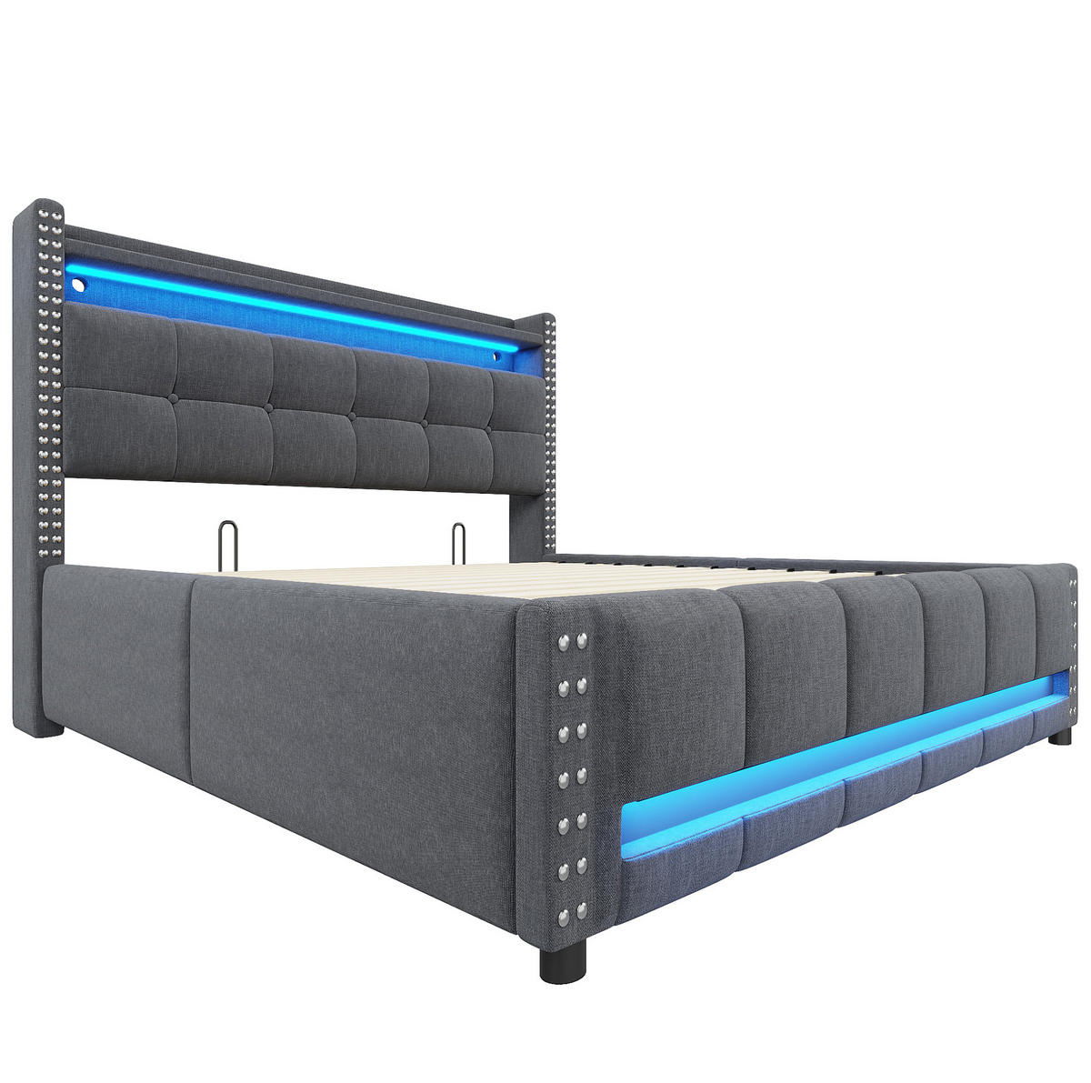 POLSTERBETT mit Stauraum und LED 160x200 cm Leinen Grau - Grau, Metall (160/200cm) - Meubliv