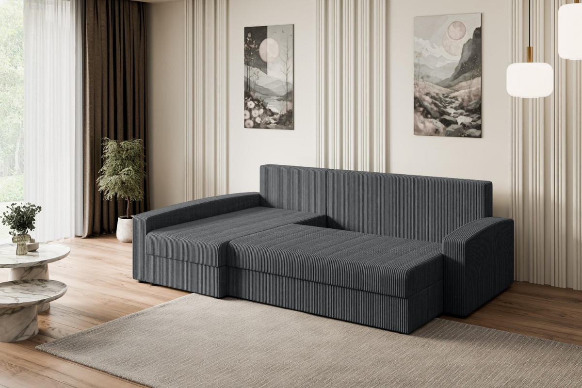 ECKSOFA mit Schlaffunktion und Bettkasten ALESIA-L 231x140x90 cm Grau Cord - Dunkelgrau/Silberfarben, Holzwerkstoff/Kunststoff (231/140cm) - ALTDECOR