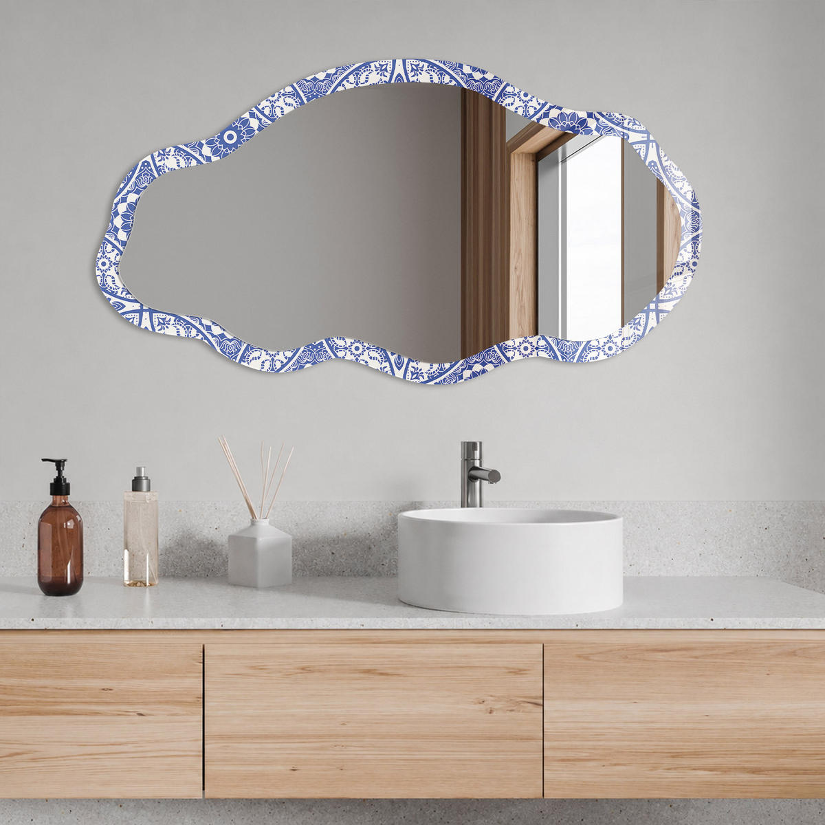SPIEGEL 90x45 cm asymmetrisch mit Druck - Blaues Mosaik - Transparent, Glas (45/90/0.4cm) - TULUP