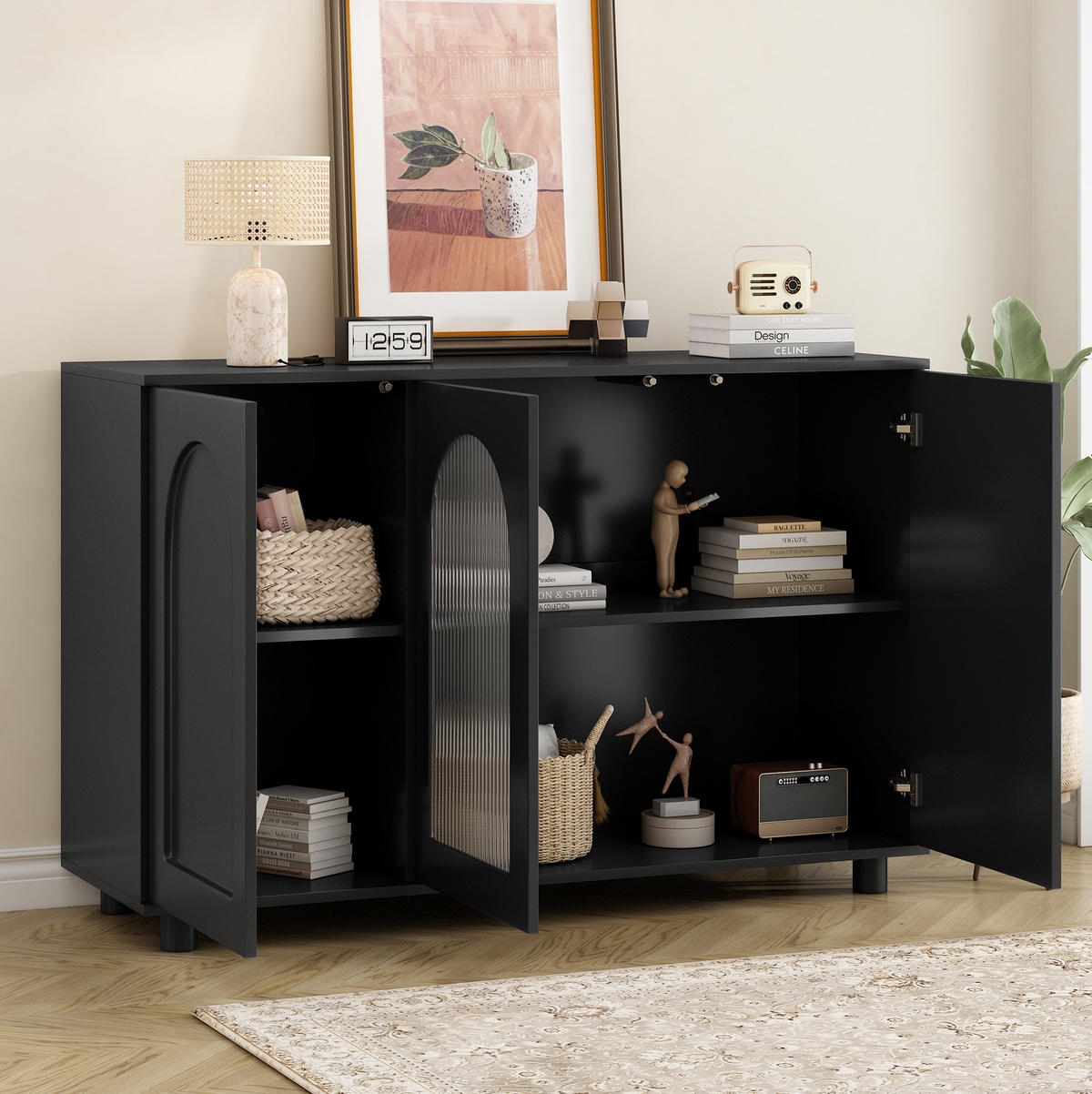 SIDEBOARD aus MDF 120x40x78 cm Schwarz mit Glaseinsatz, verstellbaren Einlegeböden und Push-to-Open-Mechanismus - Schwarz, Holzwerkstoff (120/78.5/40cm) - Modfu