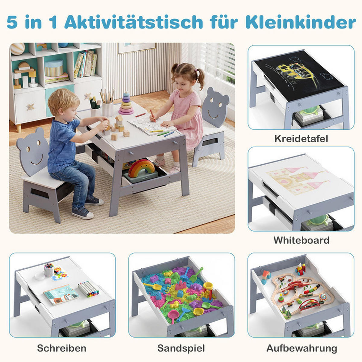 KINDERTISCH mit stuhl grau(3-tlg) - Grau, Holzwerkstoff (70/45/60.5cm) - COSTWAY