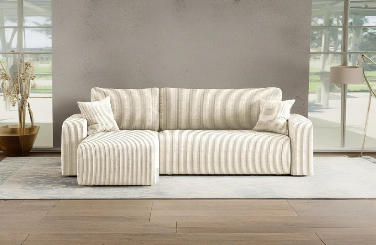 ECKSOFA L-FORM Schlaffunktion Und Bettkasten Eckcouch MILANO L Stoff Dicker Cord Ecru Links - Ecru, Holz/Textil (142/244cm) - Kaiser Möbel