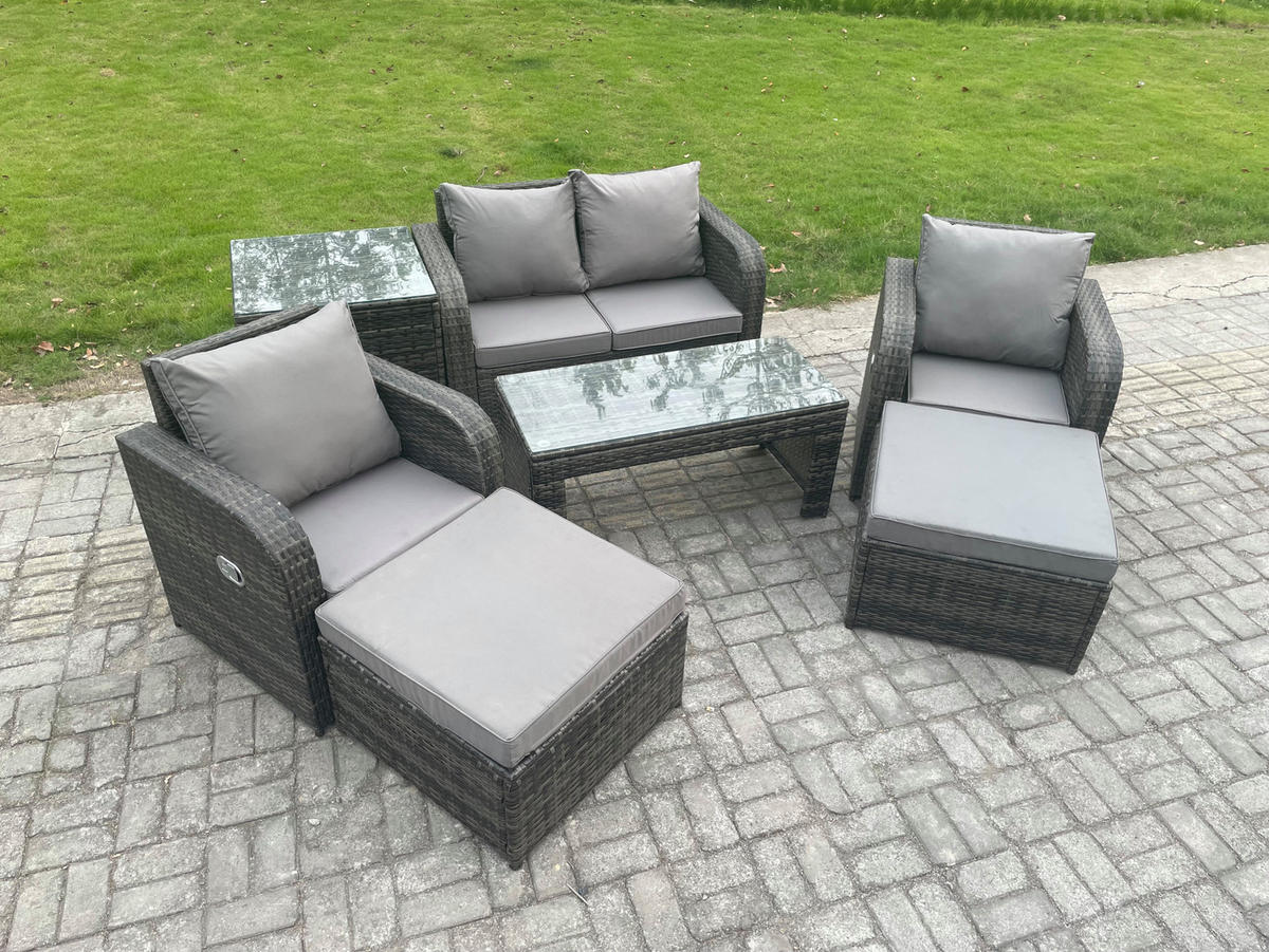 GARTENSOFA SET mit COUCHTISCH Polyrattan 5-Sitzer - Dunkelgrau/Grau, Glas/Kunststoff - Fimous
