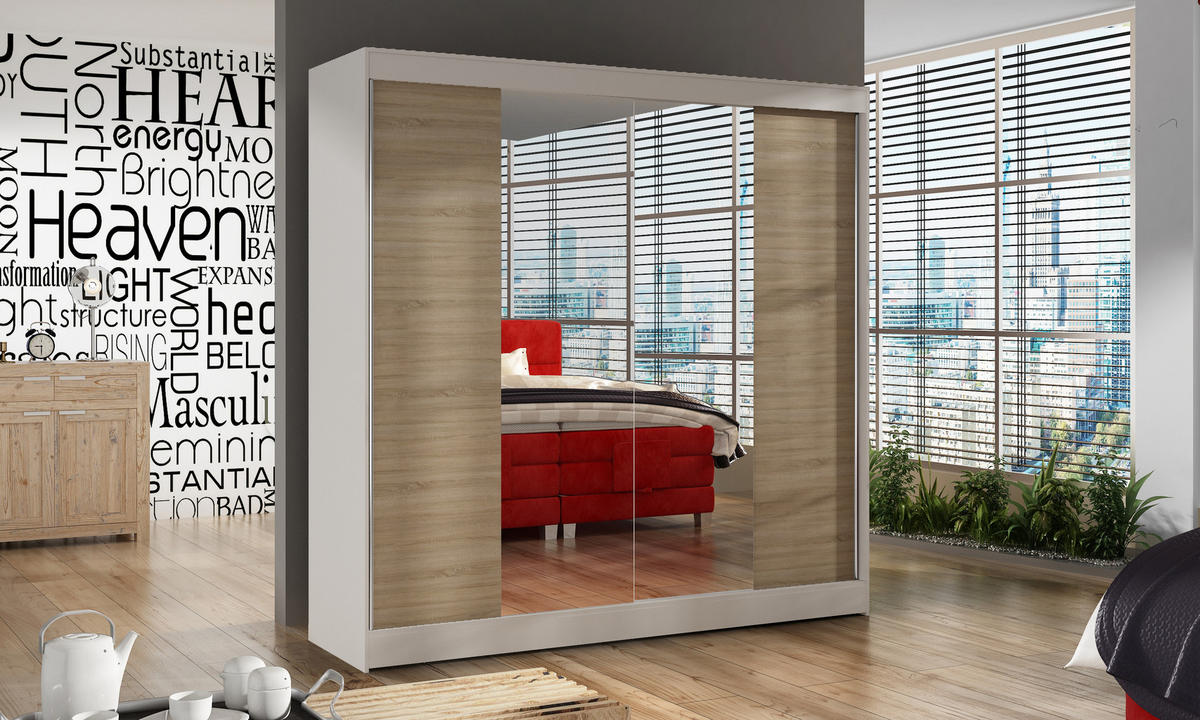 SCHWEBETÜRENSCHRANK Basti II - 200 cm - Beige/Weiß, Holzwerkstoff/Metall (200/215/58cm) - Sofnet