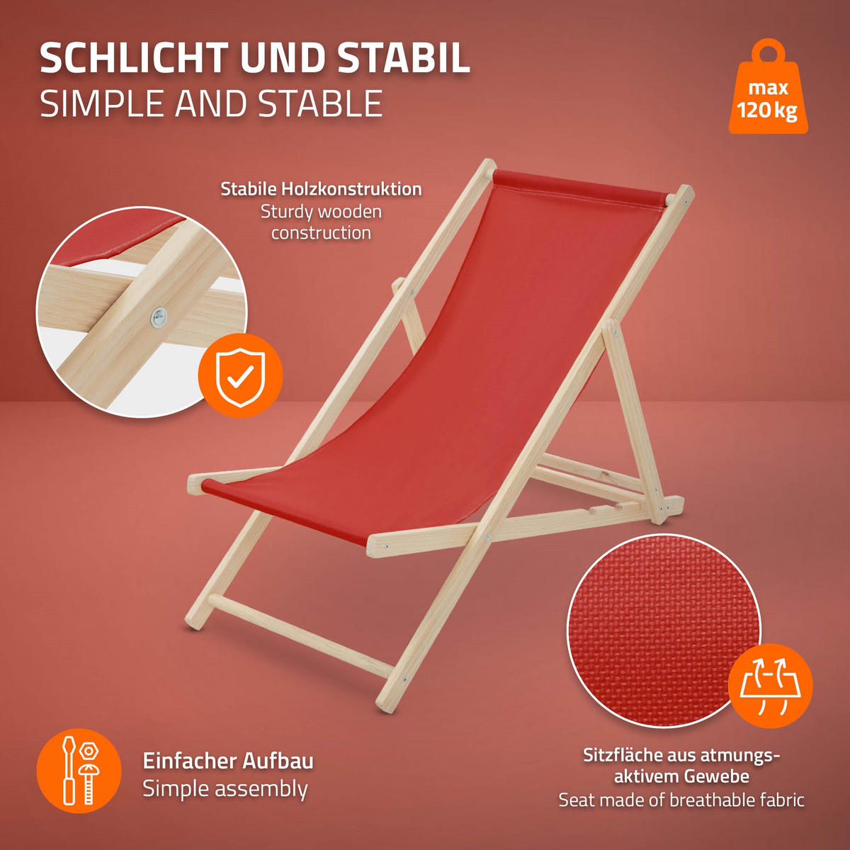 LIEGESTUHL Rot - Rot, Holz (57.5/83/100cm) - ECD-Germany