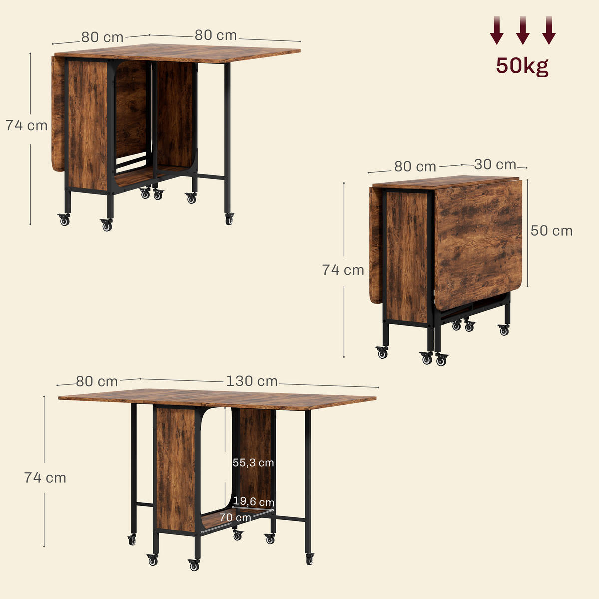 ESSTISCH für 6 Personen 130 x 80 x 74 cm Rustikal-Braun - Braun, Textil (80/130/74cm) - HOMCOM