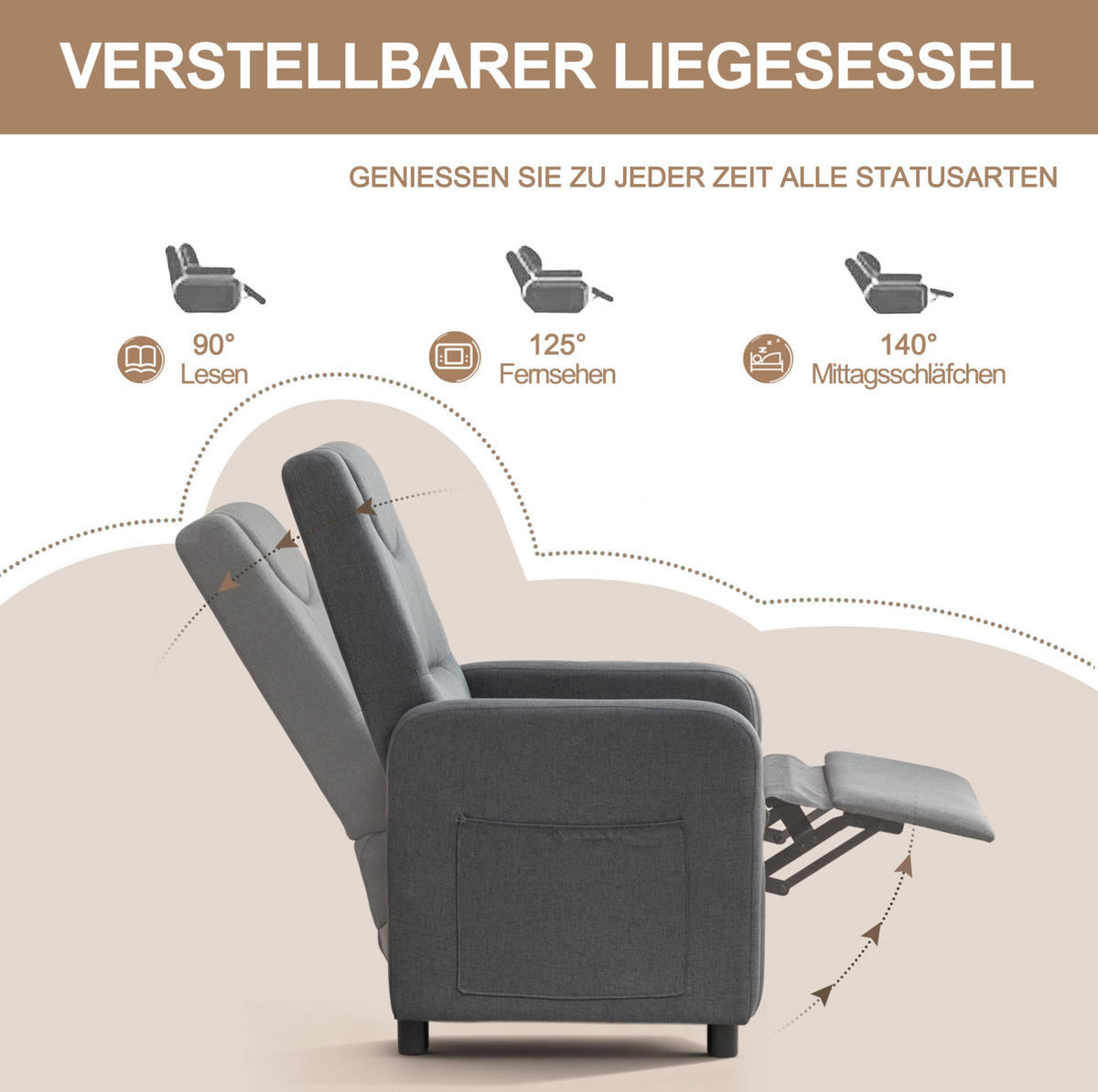 RELAXSESSEL Leinen mit verstellbarer Rückenlehne, Fußstütze 76,5/67,5/95,5 cm Dunkelgrau - Grau, Kunststoff (67.5/95.5/76.5cm) - Redom
