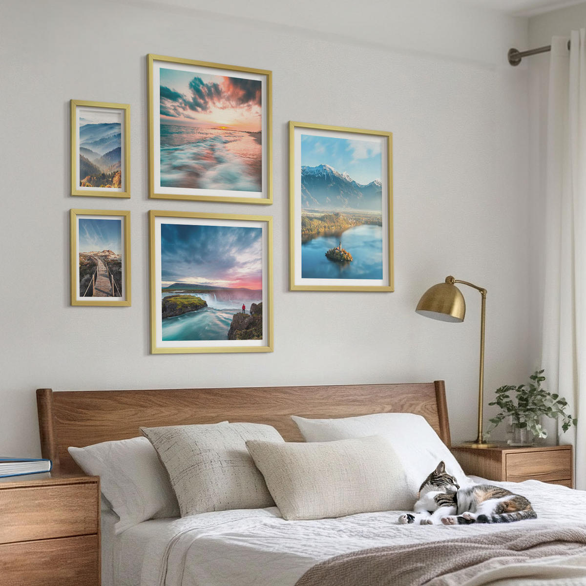 BILDER SET 5er Set - 50x50 cm & 20x30 cm & 40x60 cm Goldrahmen - Berglandschaften, Wasserfälle - Goldfarben, Kunststoff (40/60cm) - TULUP