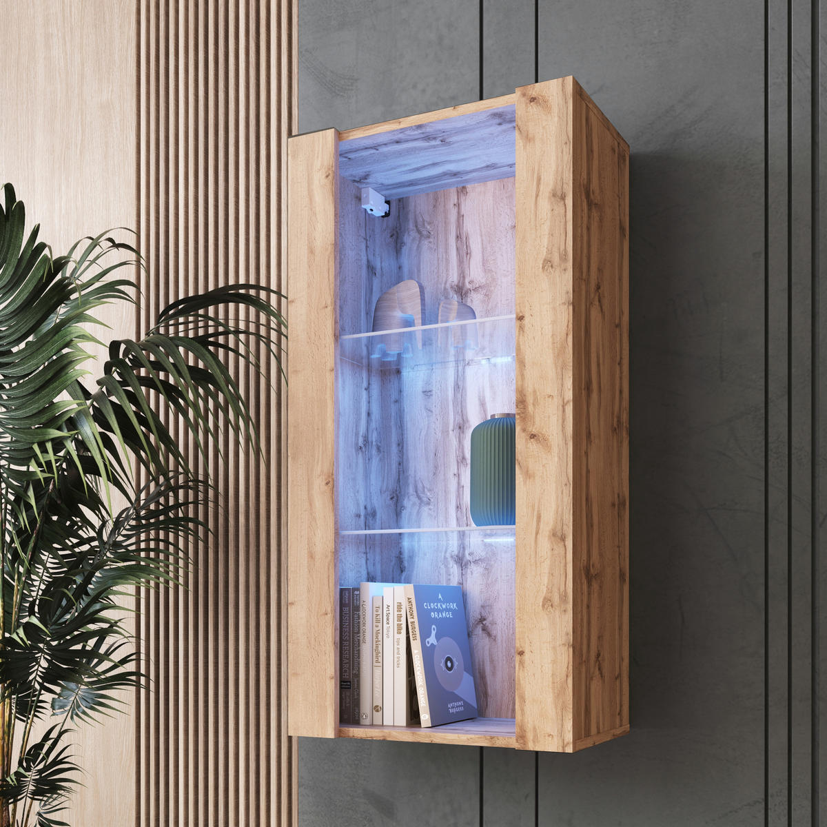 HÄNGEVITRINE TIVOLI Vertical 100, Wotan, LED Blau - Eiche Wotan, Glas/Holzwerkstoff (50/100/29.5cm) - Komodee