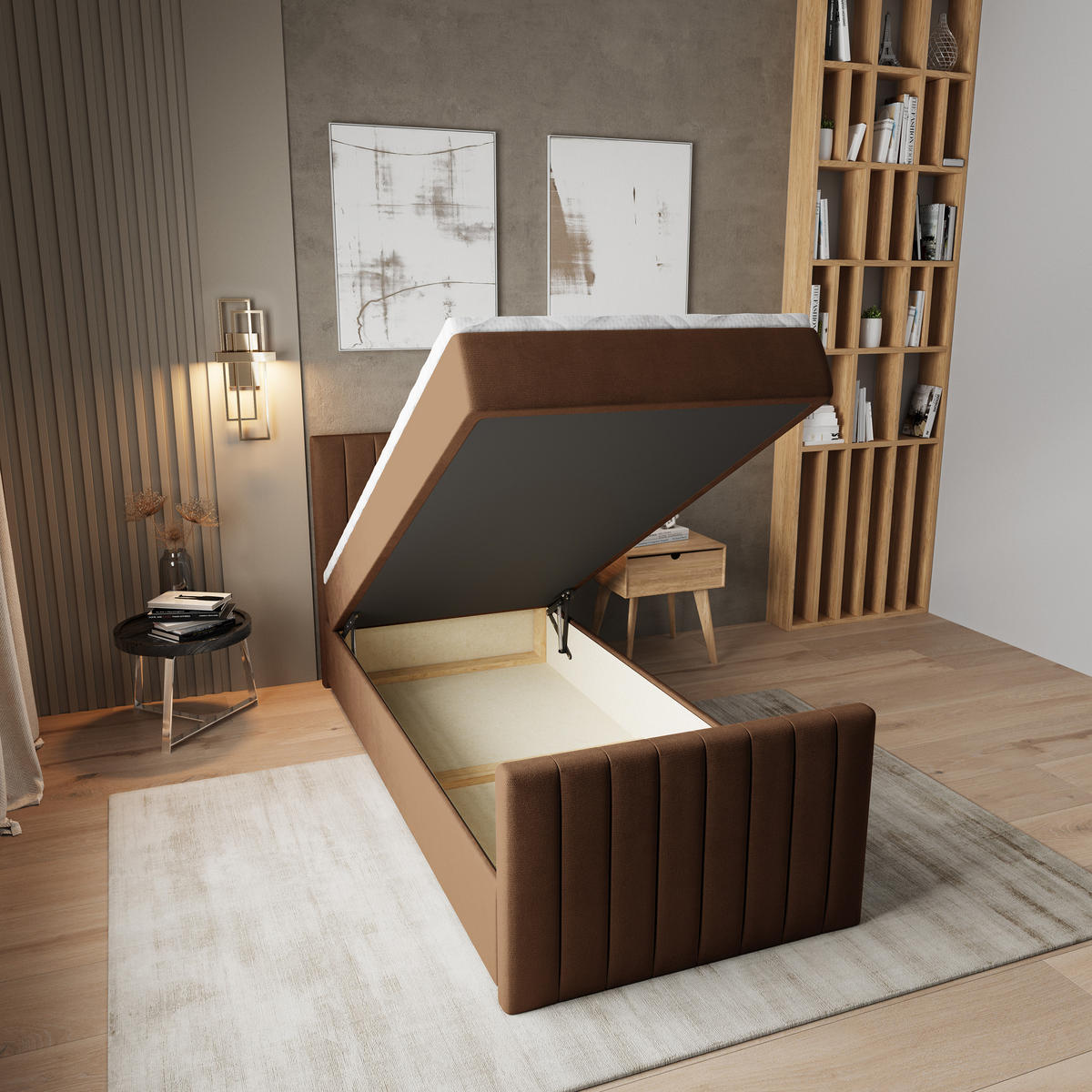 BOXBETT ARION 100 100x200 cm mit Matratze und Topper, H2+H3 - Braun - Braun, Holz (100/200cm) - MASSENO