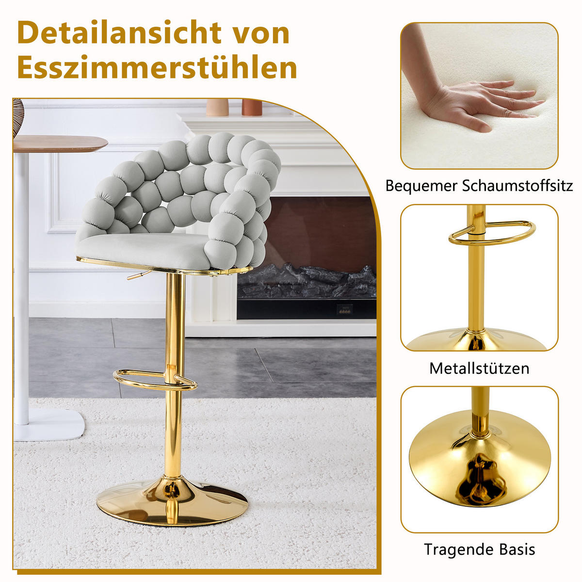 BARHOCKER 2er-Set aus Samt mit Gold-Gestell, Kugelketten-Rückenlehne und höhenverstellbar - Hellgrau, Textil (45/112/52cm) - Urban Meuble