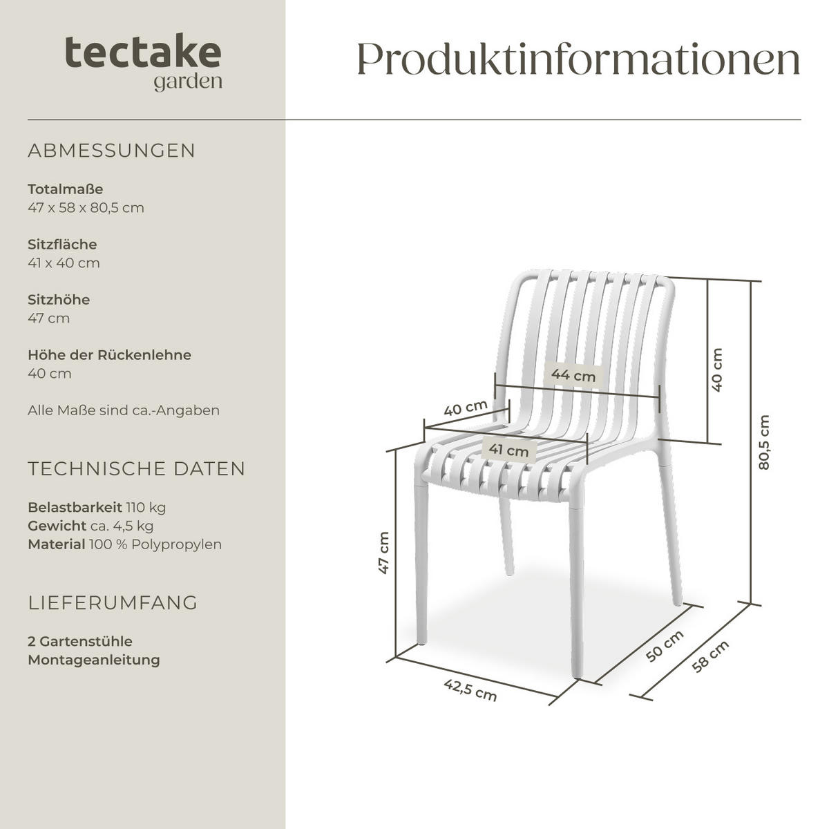 GARTENSTÜHLE Alcudia,47 x 58 x 80,5 cm, Belastbarkeit 110 kg,weiß - Creme, Textil (47/80.5/58cm) - tectake