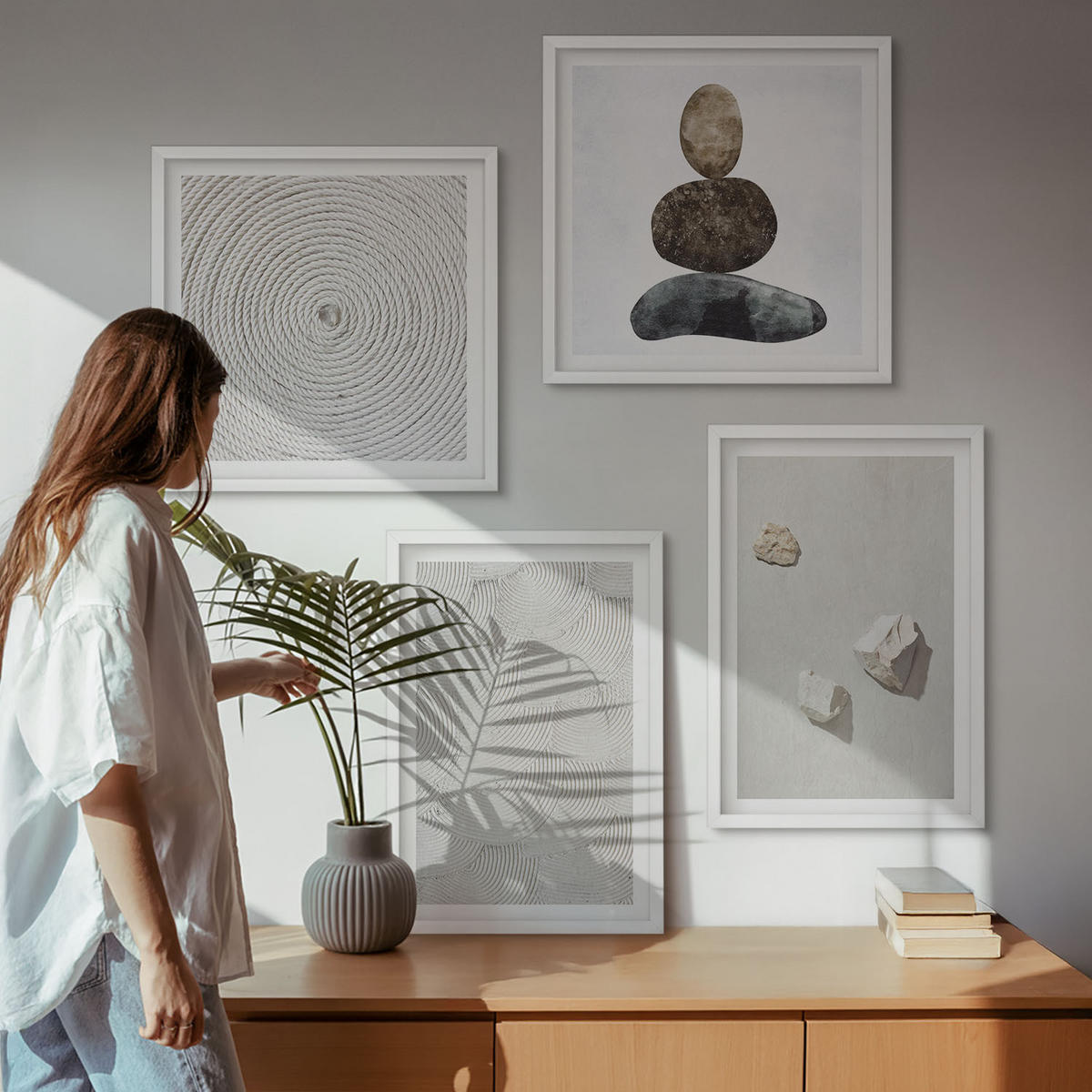 BILDER SET 4er Set - 50x50 cm & 40x60 cm Weißer Rahmen - Sandsteine moderne Farbe - Weiß, Kunststoff (50/50cm) - TULUP