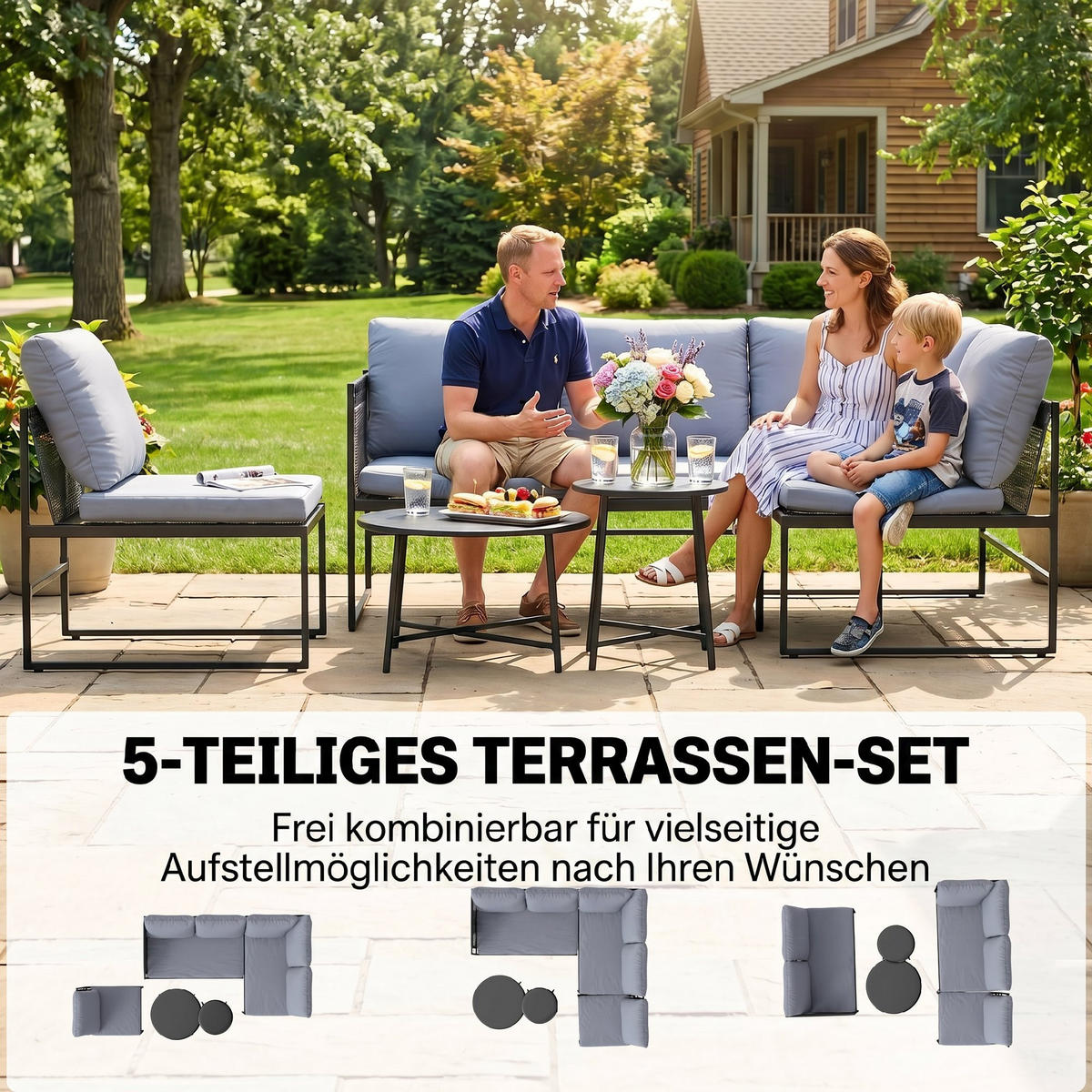 SADA zahradního nábytku, 5dílná sada, ocel, polyester, tmavě šedá - černá/tmavě šedá, kov/textil - Outsunny