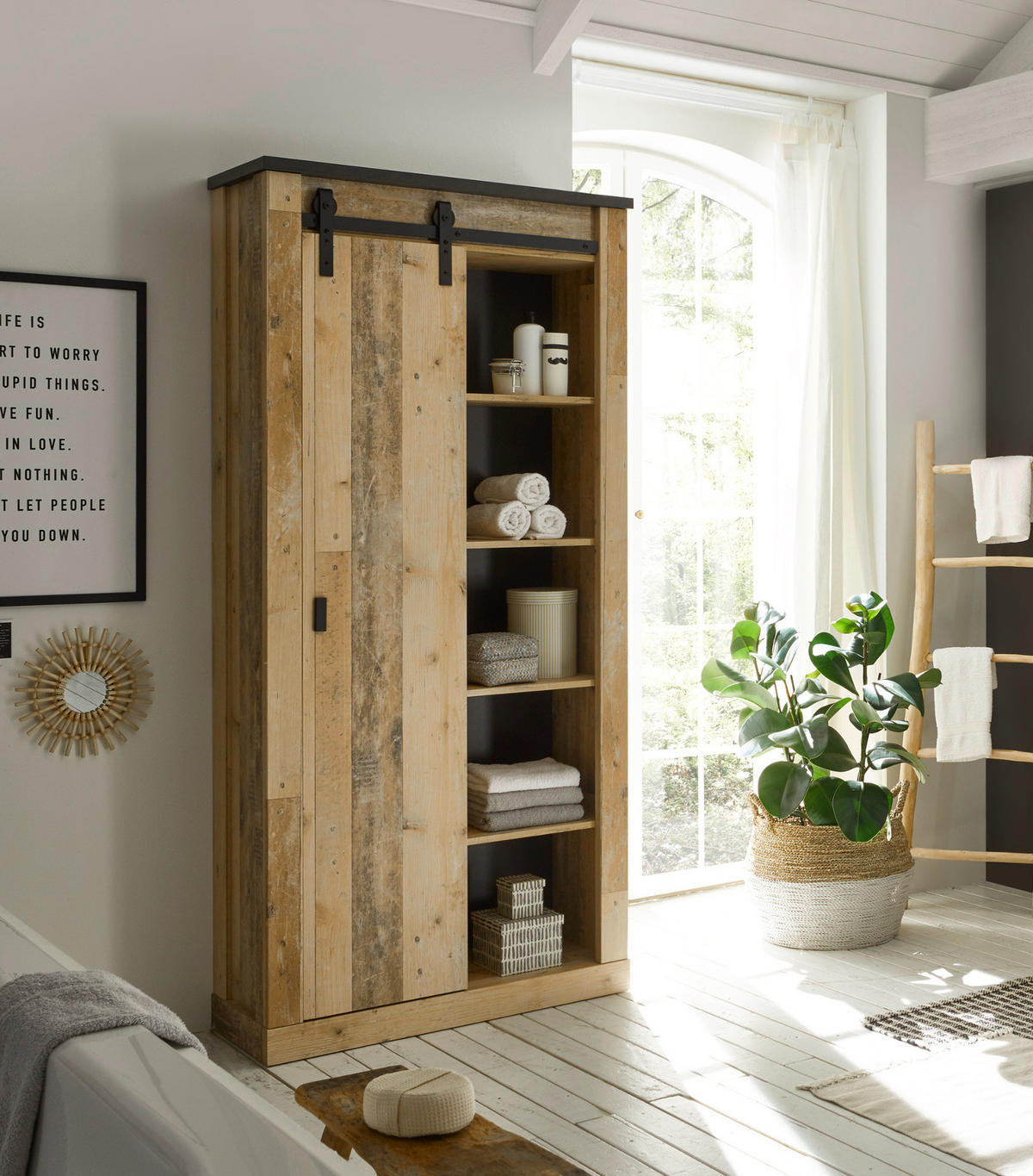 BADMÖBEL-SET Used Wood hell, anthrazit, Doppelwaschtisch mit Waschbecken LED Spiegellampe Stove - Eichefarben/Anthrazit, Holzwerkstoff/Metall (277/210/43cm) - Furn.Design